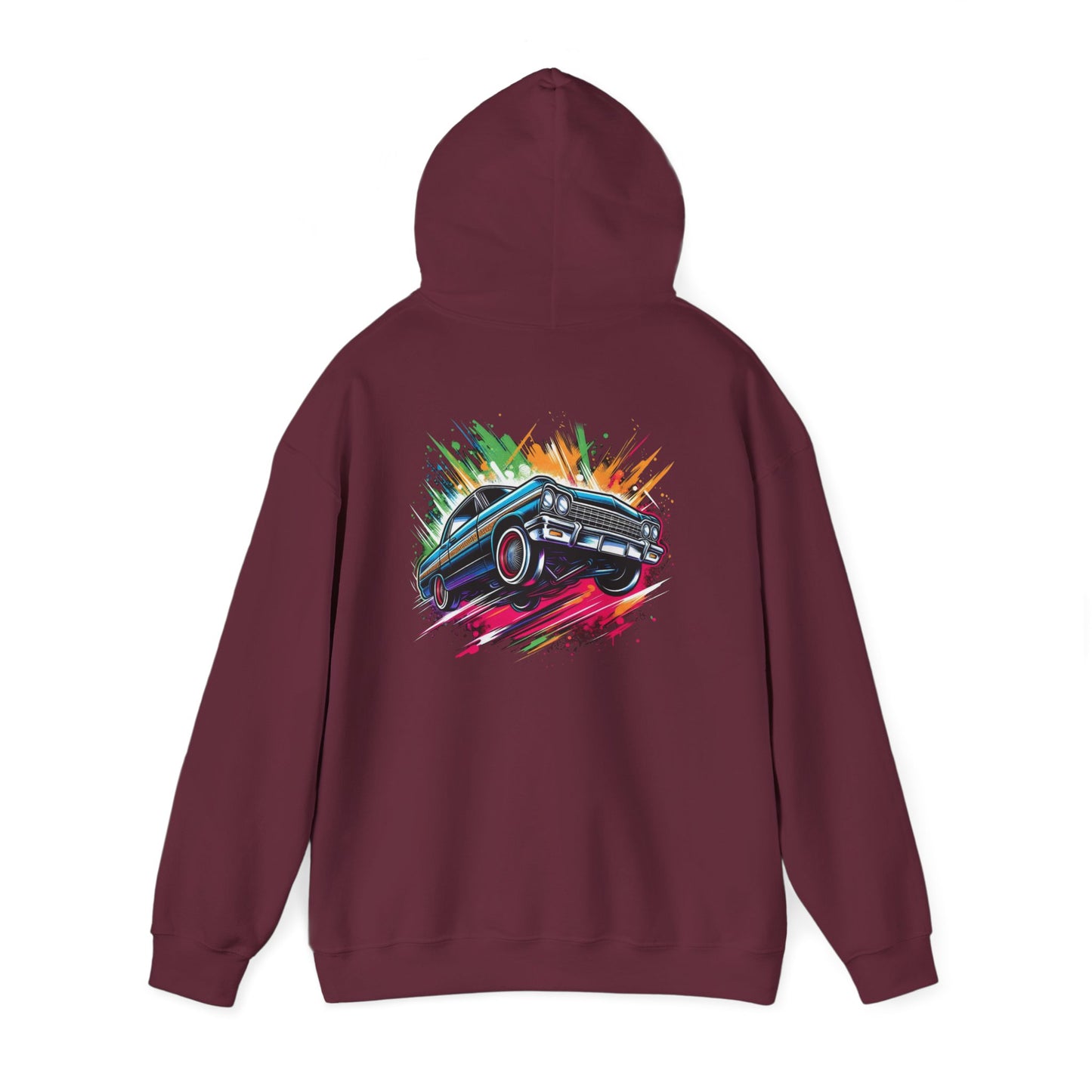 Chevy Impala Hydraulics Lowrider Colorful Drawing Graphic Hoodie - Old School Hip Hop Cholo Art Design - Chicano Car Club Graphic Hoodie