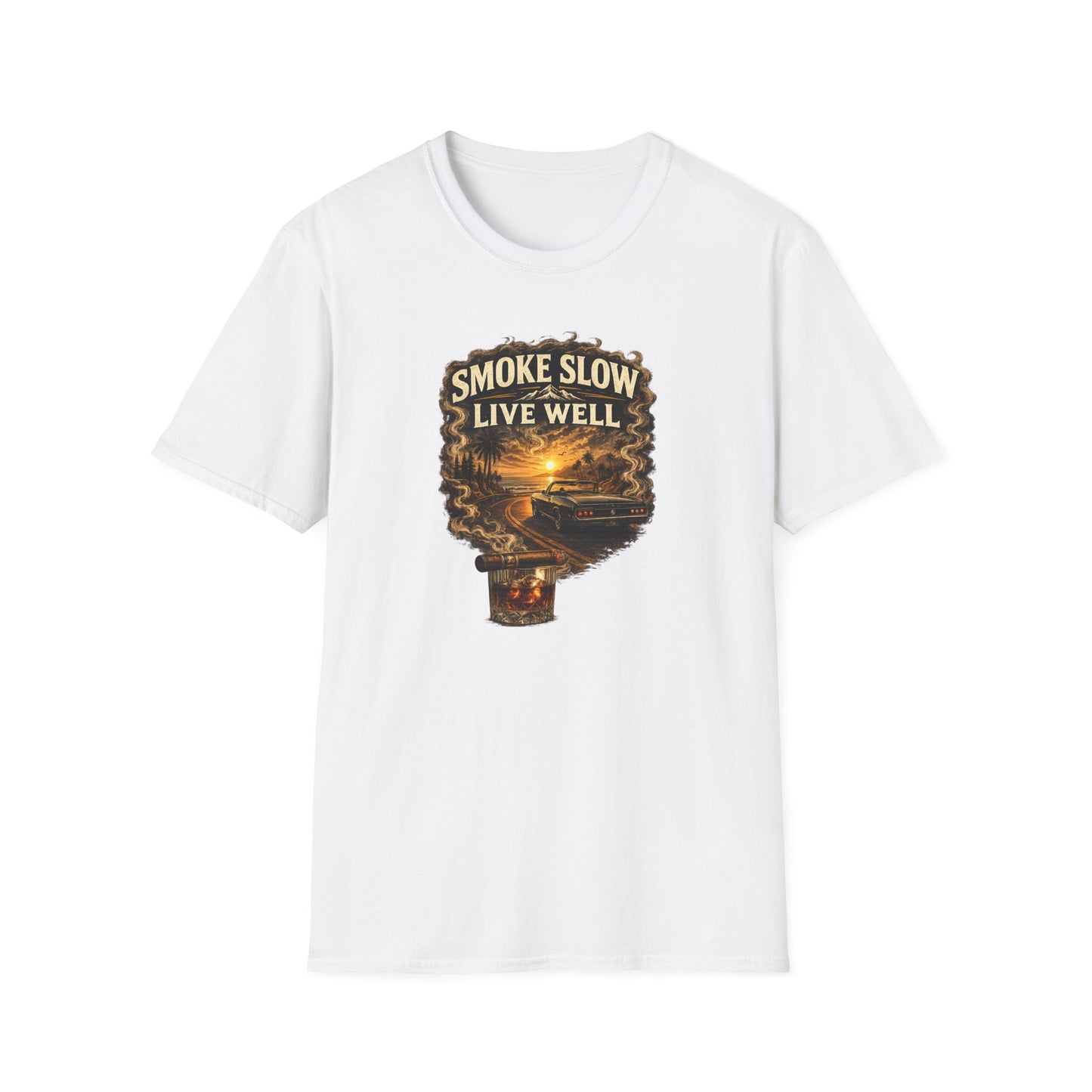 Smoke Slow Live Well Classic Car T-Shirt – Cigar, Whiskey & Sunset Cruise Tee  ⭐ Product Description