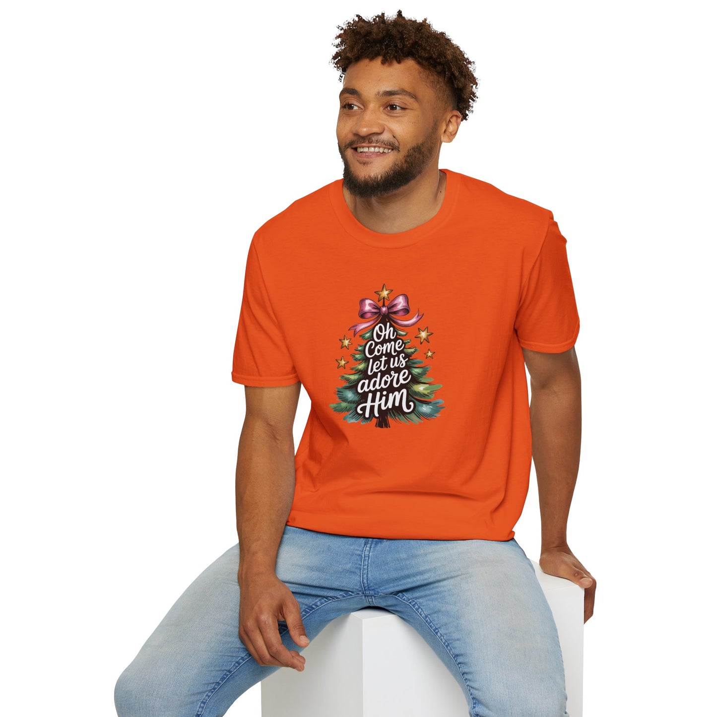 Oh Come Let Us Adore Him Christmas T-Shirt – Christian Holiday Tee with Bow and Christmas Tree Design