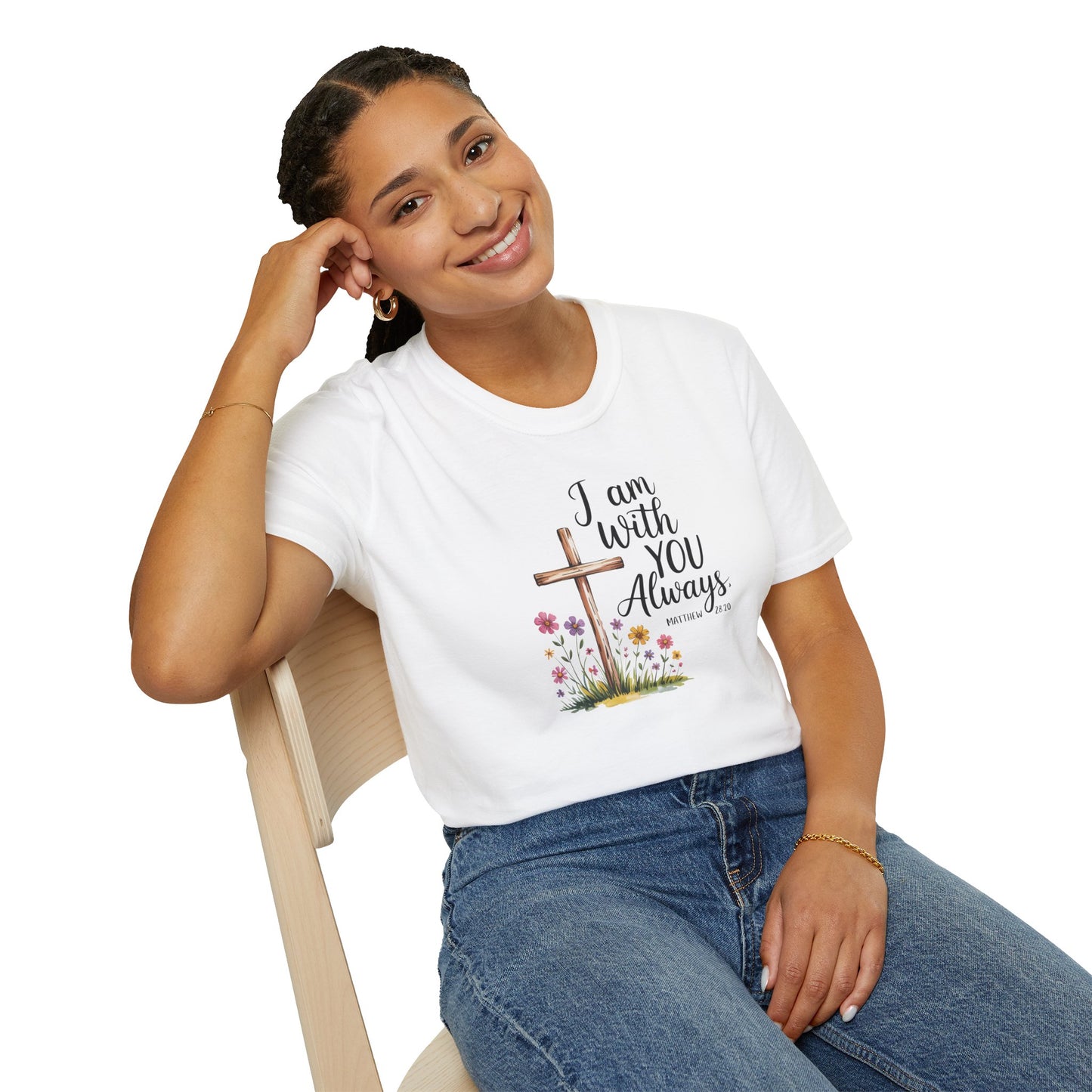 I Am With You Always Christian T-Shirt – Matthew 28:20 Scripture Tee with Cross and Flowers, Faith Inspirational Shirt
