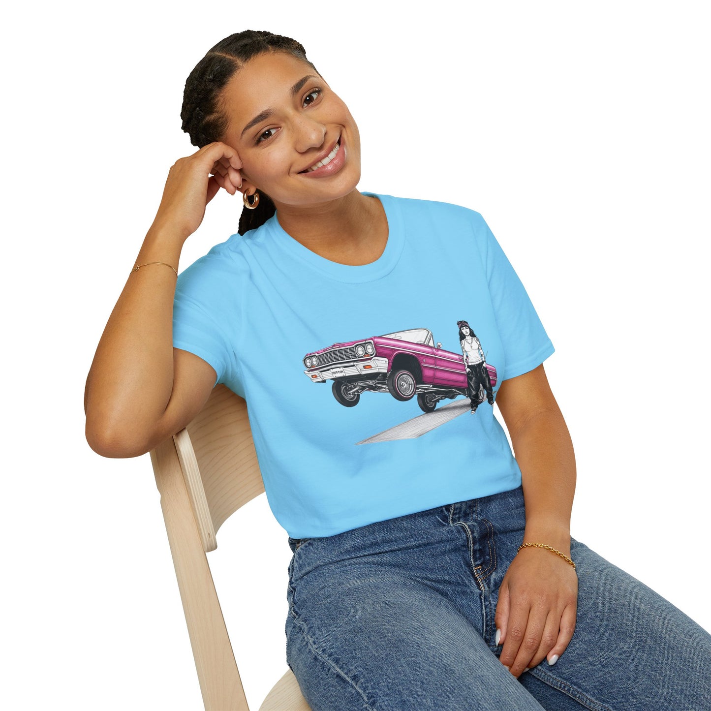 1964 Chevy Impala Hydraulics Lowrider Ink Drawing T-Shirt - Old School Hip Hop Cholo Art Tee Design - Chicano Car Club Graphic Tee