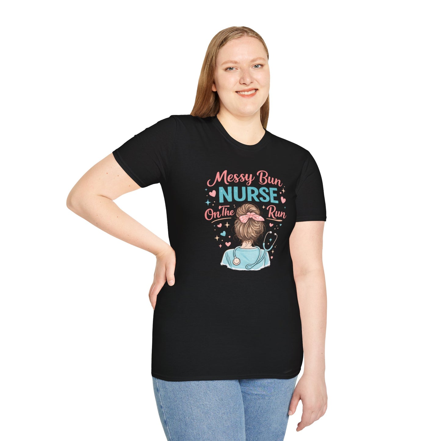 Messy Bun Nurse On The Run Shirt – Cute Nurse T-Shirt for Women – Funny RN CNA Nursing Student Tee – Nurse Gift for Her, Medical Worker Apparel