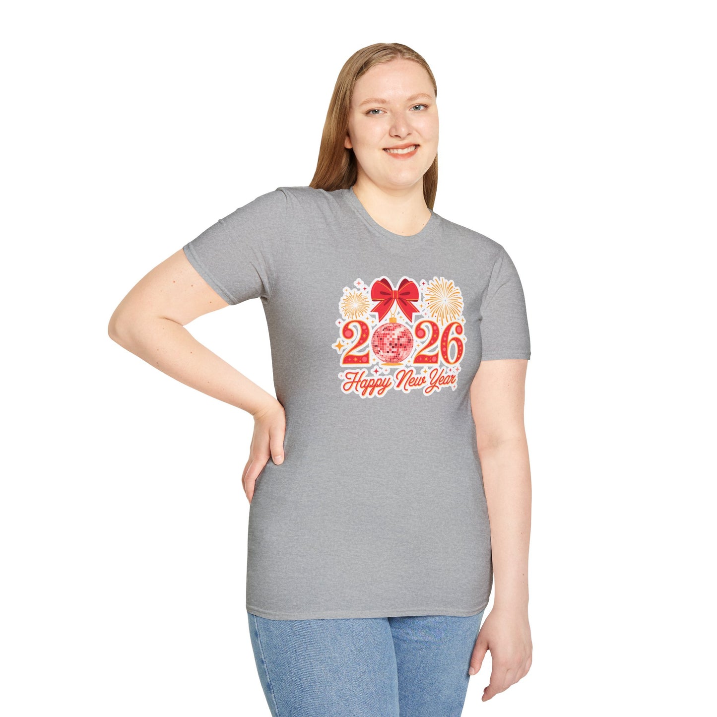 Happy New Year 2026 T-Shirt – Red & Gold Disco Ball New Year Shirt, Festive Bow and Fireworks 2026 NYE Tee, Holiday Celebration Party Top