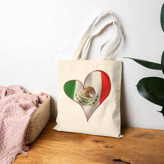 Mexico Flag Heart Tote Bag, Cotton Canvas Grocery Shopping Beach Handbag, Mexican Pride Gift, Patriotic Shoulder Bag