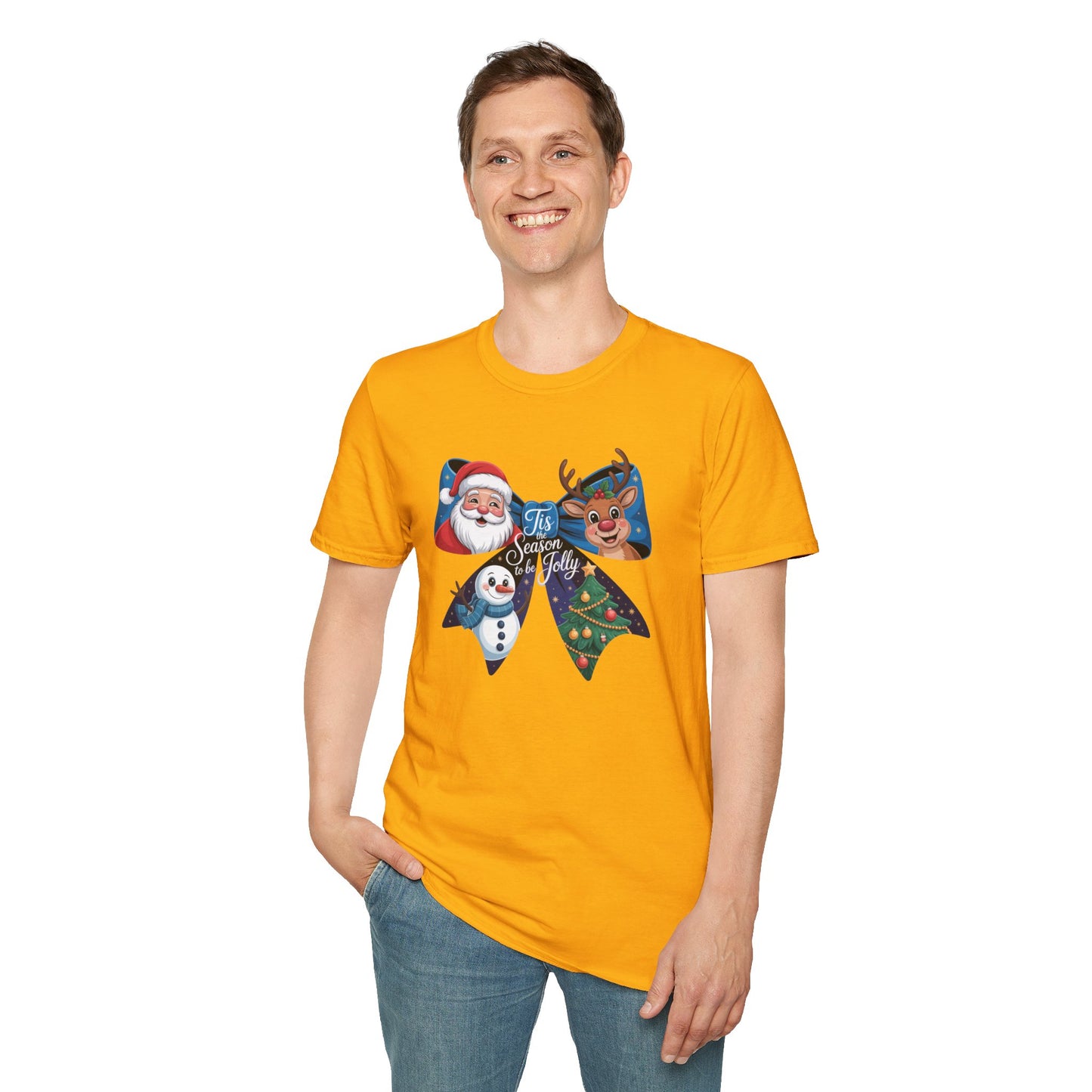 ’Tis the Season to Be Jolly Christmas T-Shirt – Cute Santa Reindeer Snowman & Christmas Tree Bow Holiday Tee