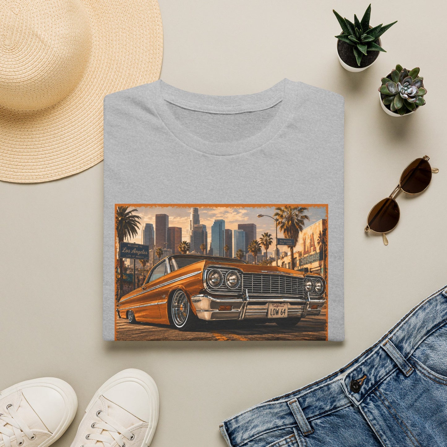 Los Angeles Lowrider T-Shirt, Orange Classic Car Graphic Tee, 1964 Style Car Shirt for Car Lovers