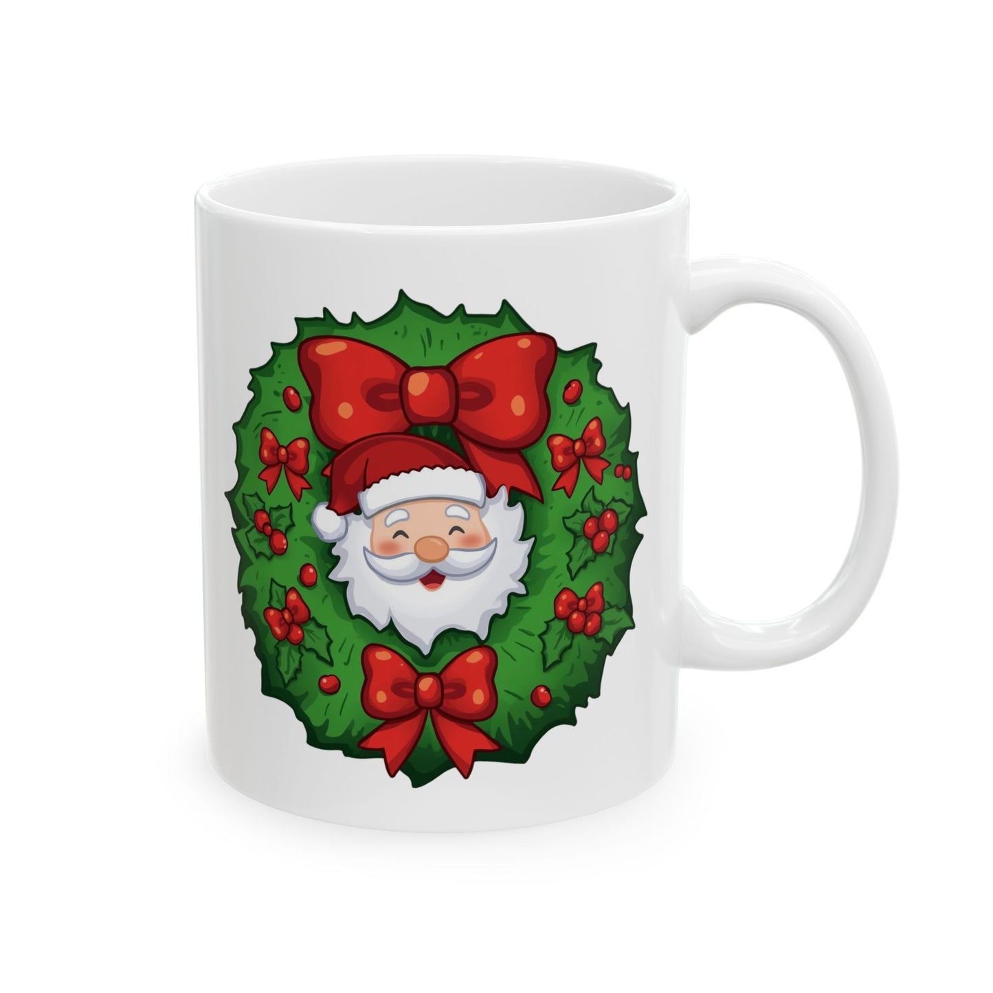 Santa in the Wreath Mug – Cute Holiday Coffee Cup, Festive Santa Ceramic Mug, Christmas Gift Idea (11oz/15oz)