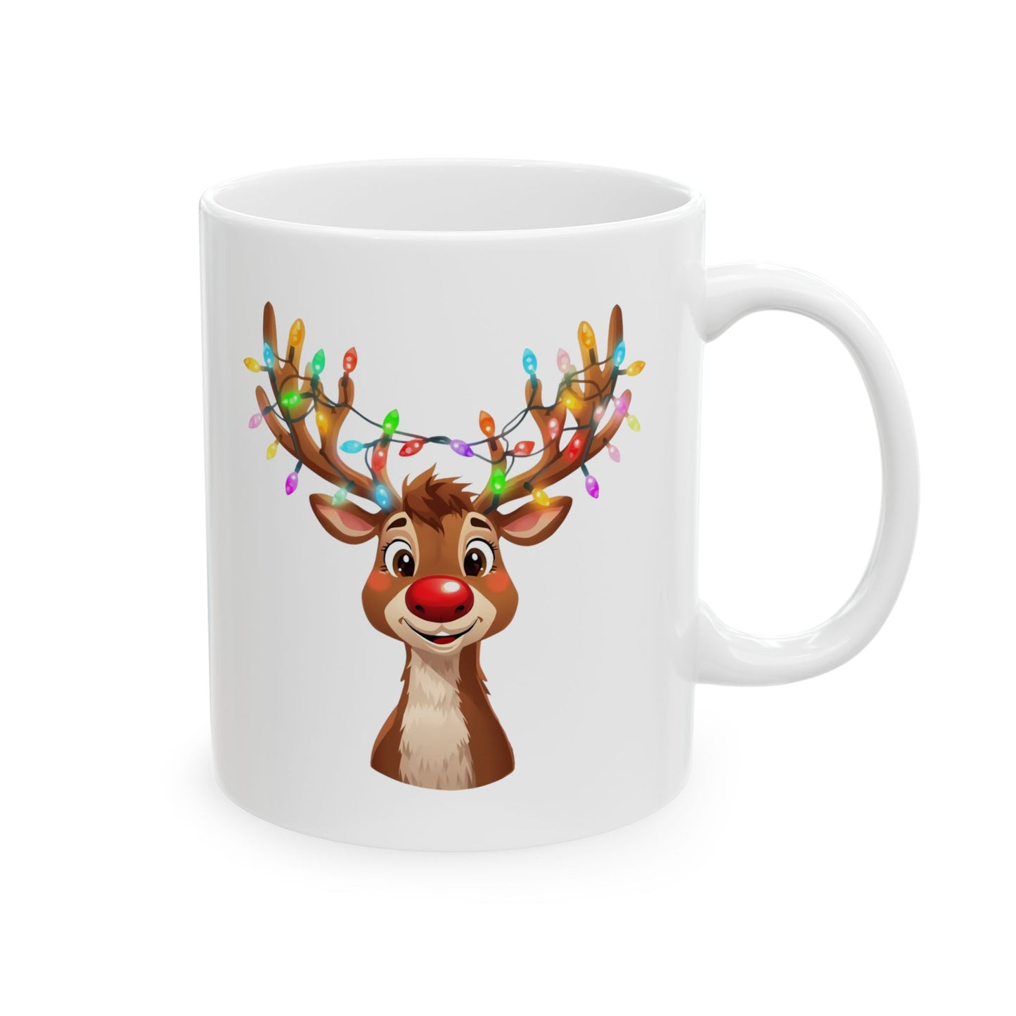 Reindeer Christmas Lights Mug – Cute Holiday Coffee Cup, Festive Reindeer Ceramic Mug, Christmas Gift Idea (11oz/15oz)