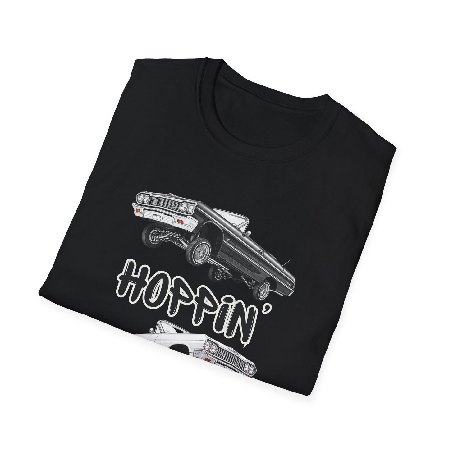 1964 Chevy Impala Hydraulics Lowrider Hoppin' Ink Drawing T-Shirt - Old School Hip Hop Cholo Art Tee Design - Chicano Car Club Graphic Tee