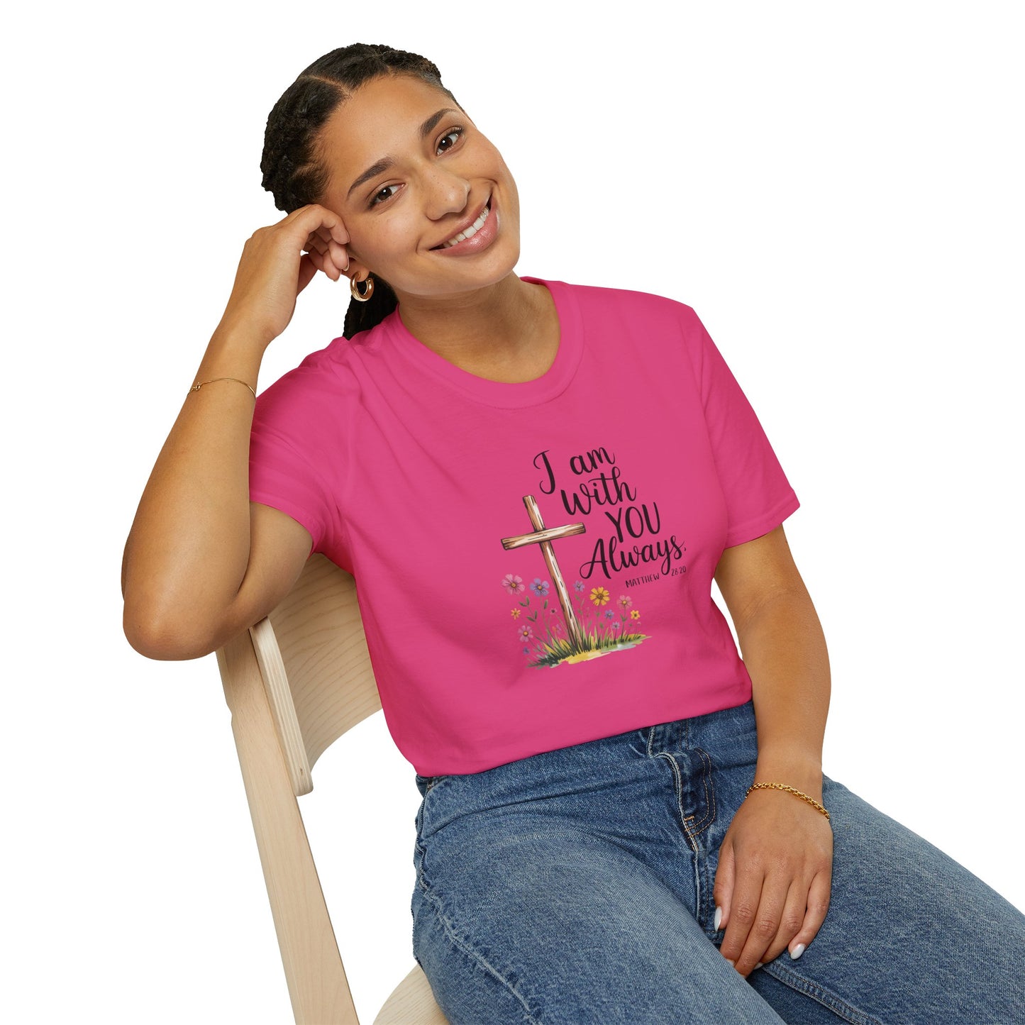 I Am With You Always Christian T-Shirt – Matthew 28:20 Scripture Tee with Cross and Flowers, Faith Inspirational Shirt
