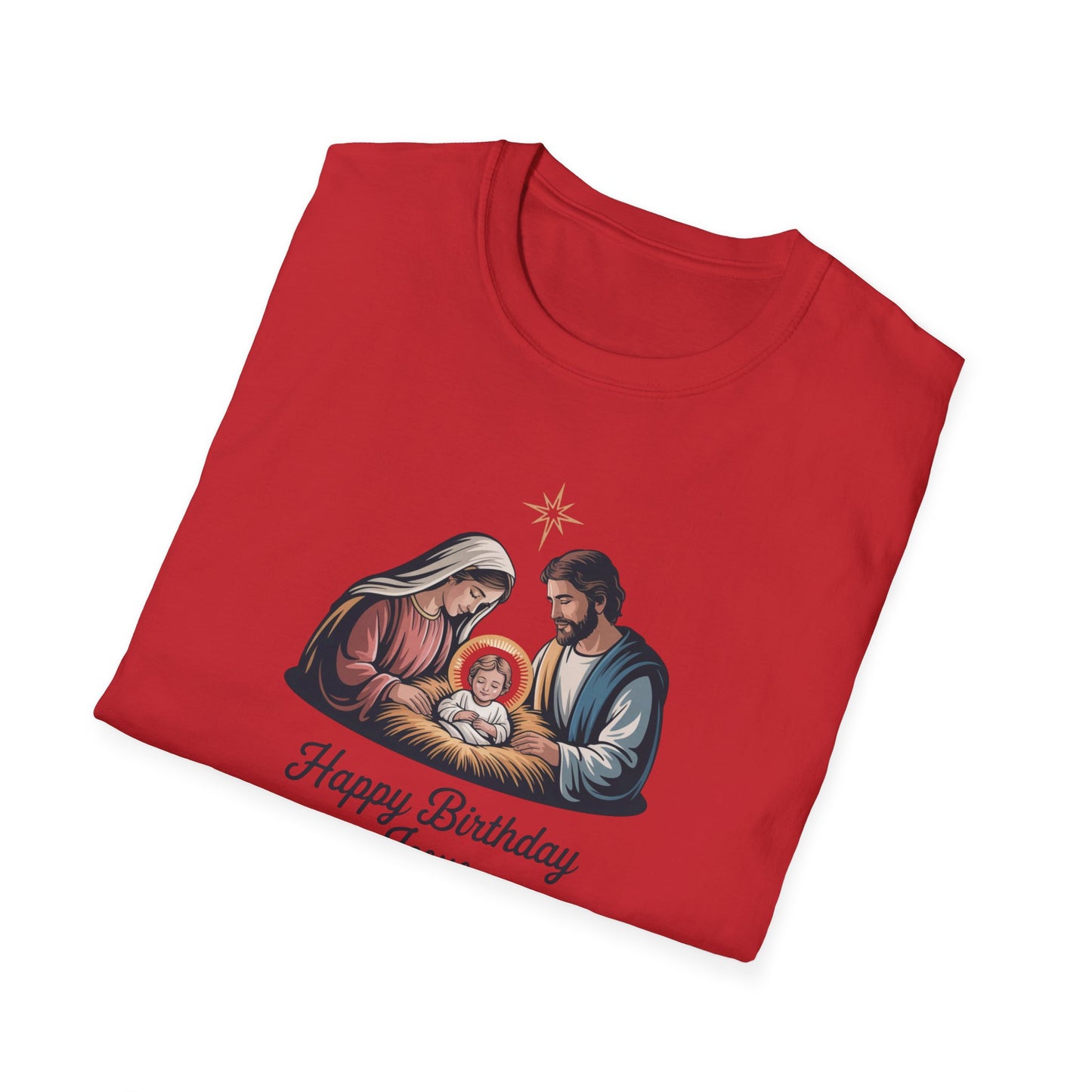 Happy Birthday Jesus Nativity T-Shirt – Christian Christmas Shirt with Mary Joseph & Baby Jesus, Faith Holiday Tee