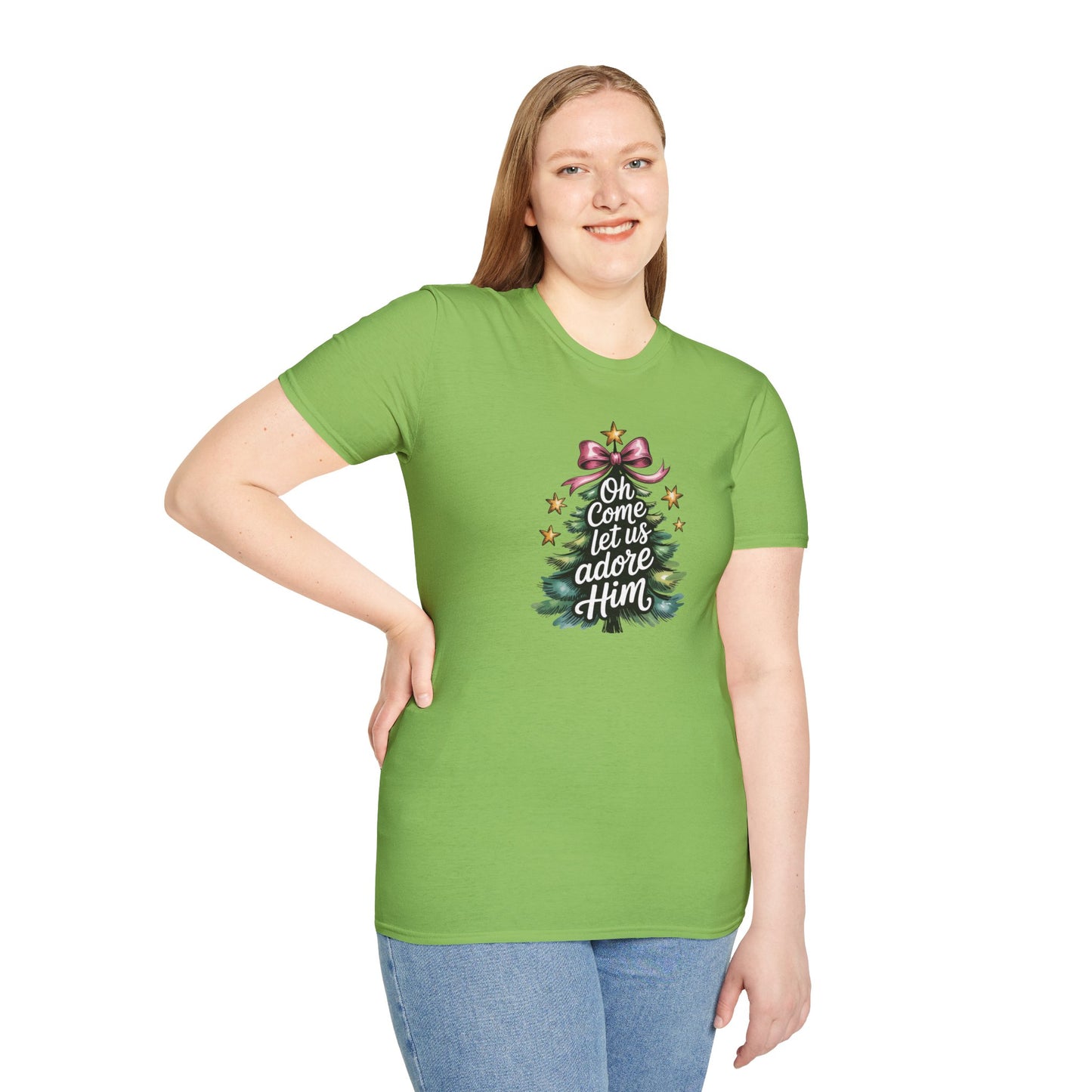 Oh Come Let Us Adore Him Christmas T-Shirt – Christian Holiday Tee with Bow and Christmas Tree Design