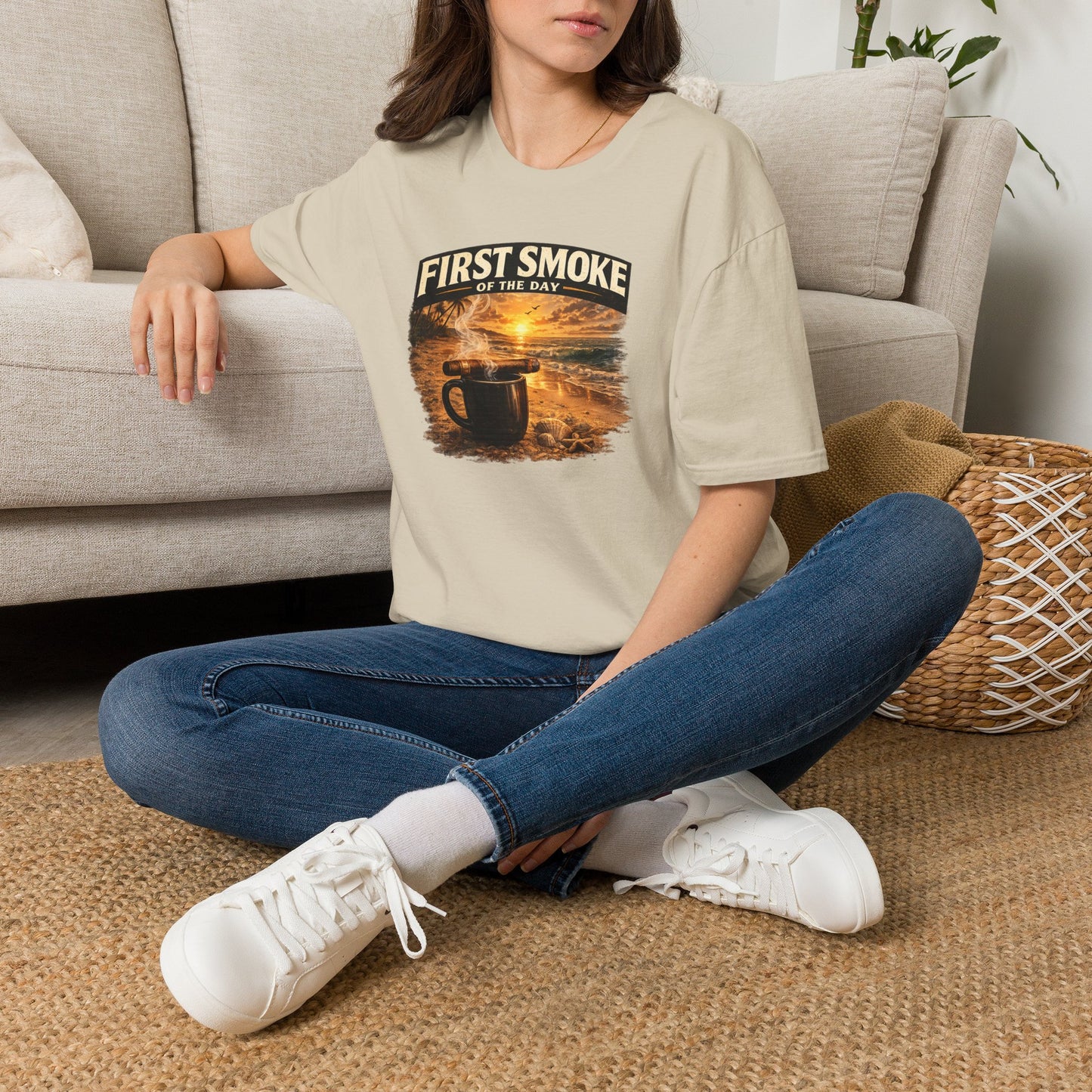 First Smoke of the Day T-Shirt – Cigar & Coffee Beach Sunrise Tee