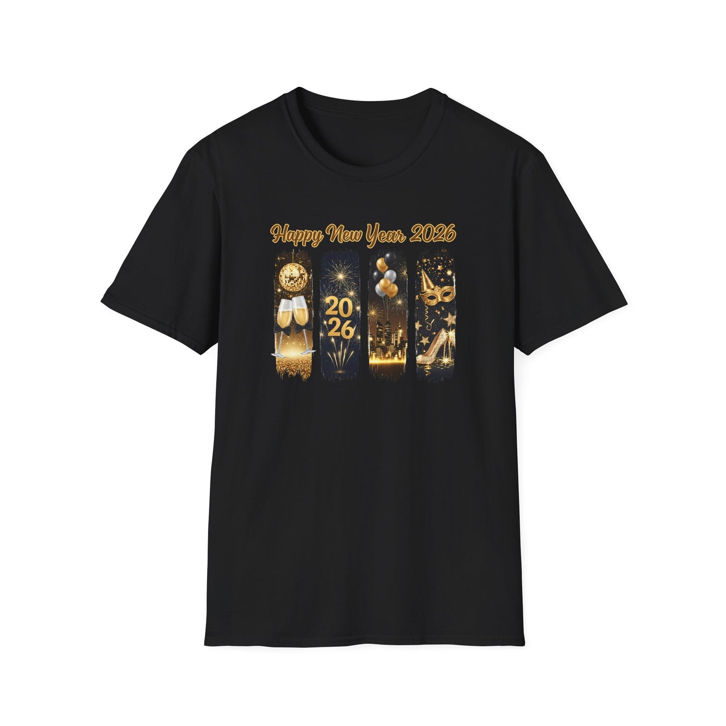 Happy New Year 2026 T-Shirt – Gold Glitter New Year’s Eve Shirt, NYE Party Tee, Celebration Fireworks Graphic Top, Champagne & City Skyline New Year Shirt