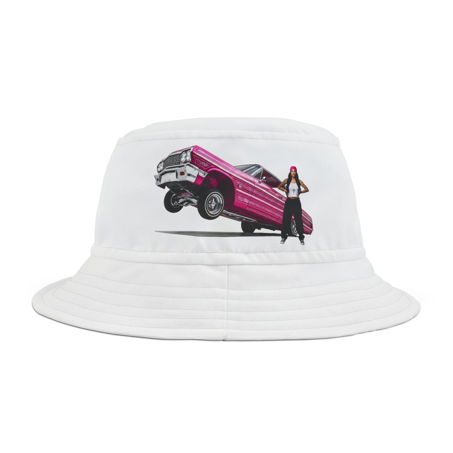 1964 Chevy Impala Hydraulics Lowrider Graphic Bucket Hat - Old School Hip Hop Cholo Art Hat Design - Chicano Car Club Graphic Hat