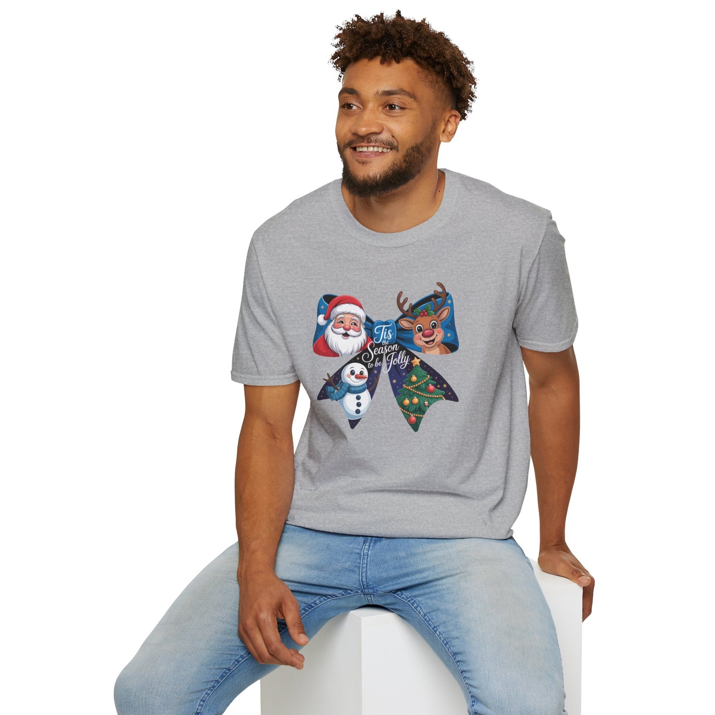 ’Tis the Season to Be Jolly Christmas T-Shirt – Cute Santa Reindeer Snowman & Christmas Tree Bow Holiday Tee