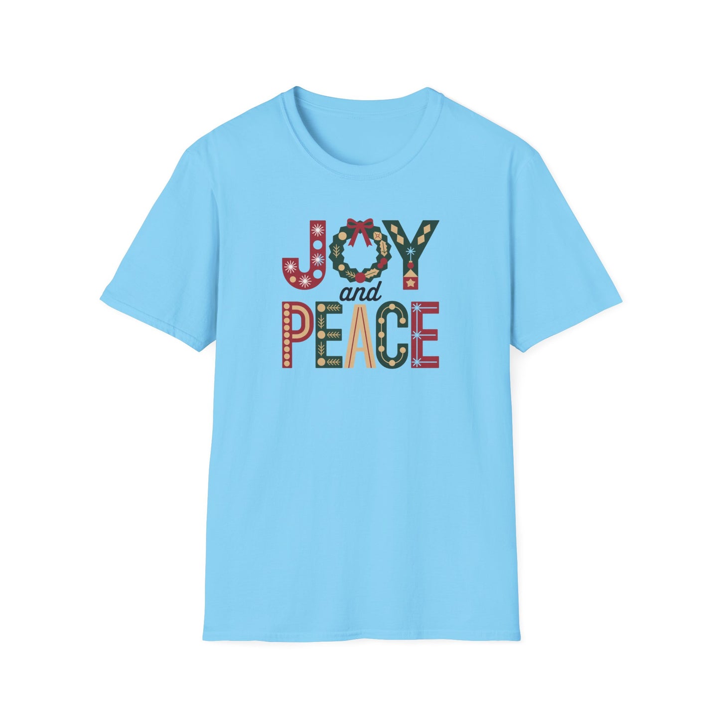 Joy and Peace Christmas T-Shirt – Festive Holiday Typography Tee with Wreath Design, Inspirational Christmas Shirt