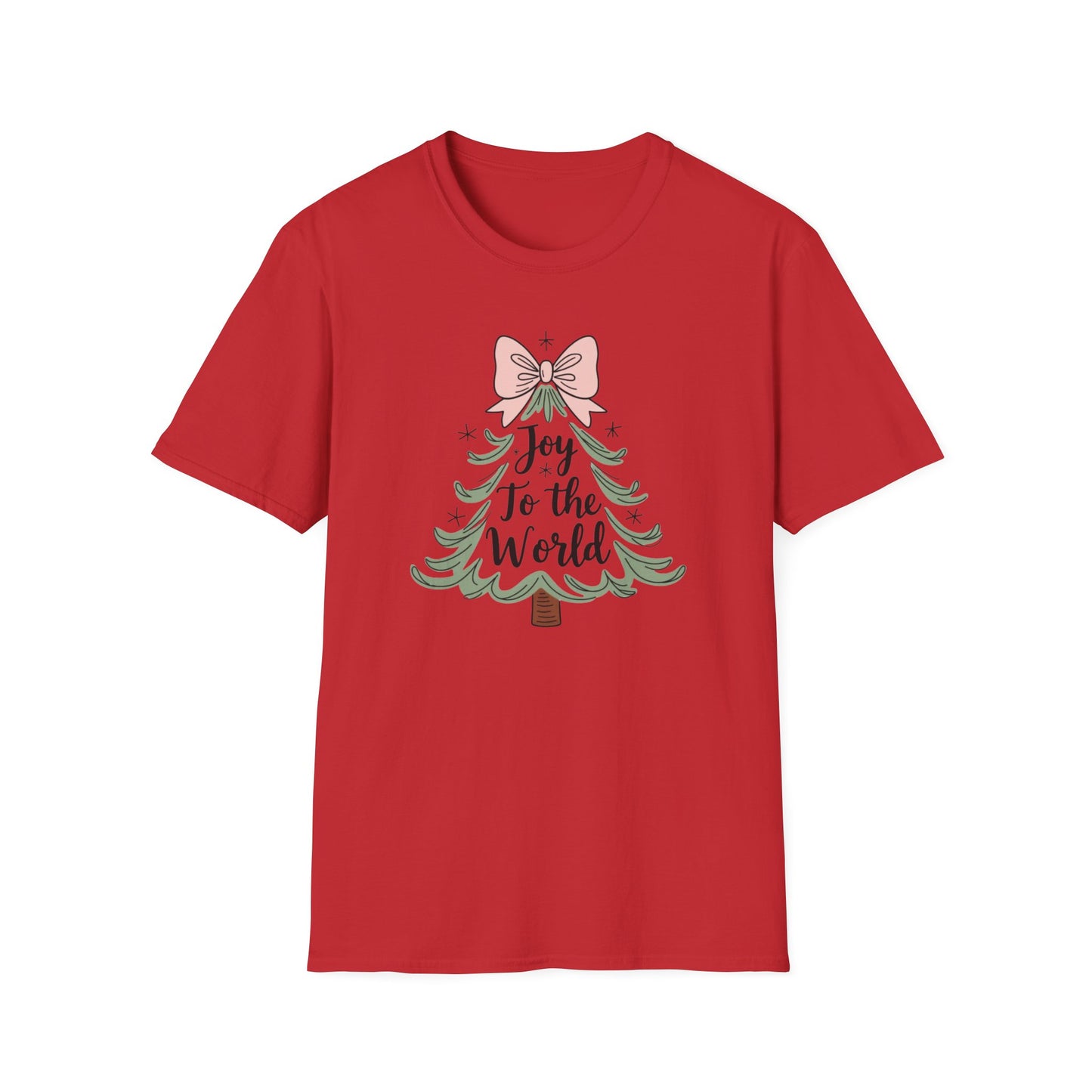 Joy to the World Christmas T-Shirt – Cute Pastel Bow Christmas Tree Tee, Festive Holiday Graphic Shirt for Women