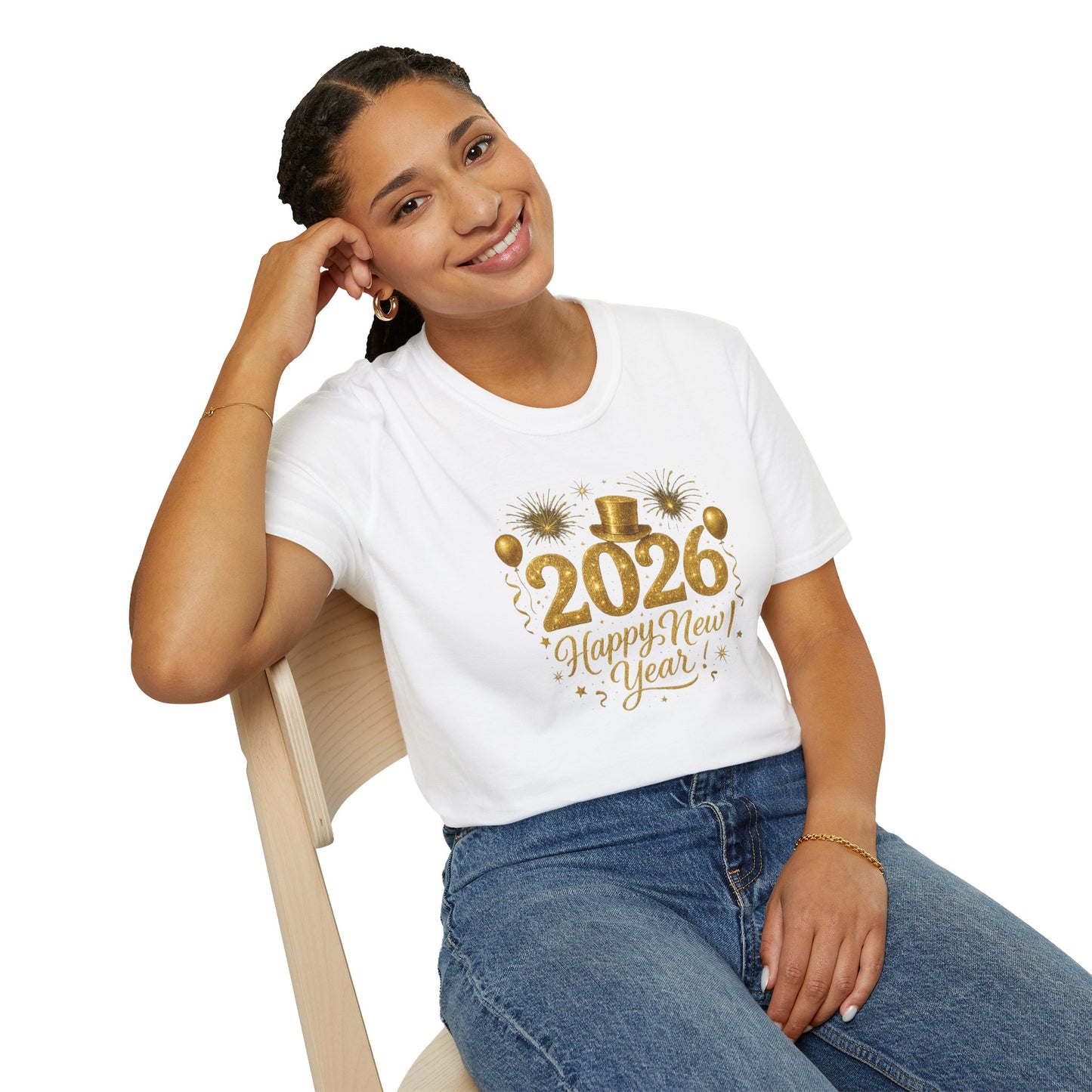 Happy New Year 2026 Gold Glitter T-Shirt – Sparkly New Year’s Eve Party Shirt, Festive 2026 NYE Tee with Fireworks & Balloons, Holiday Celebration Top