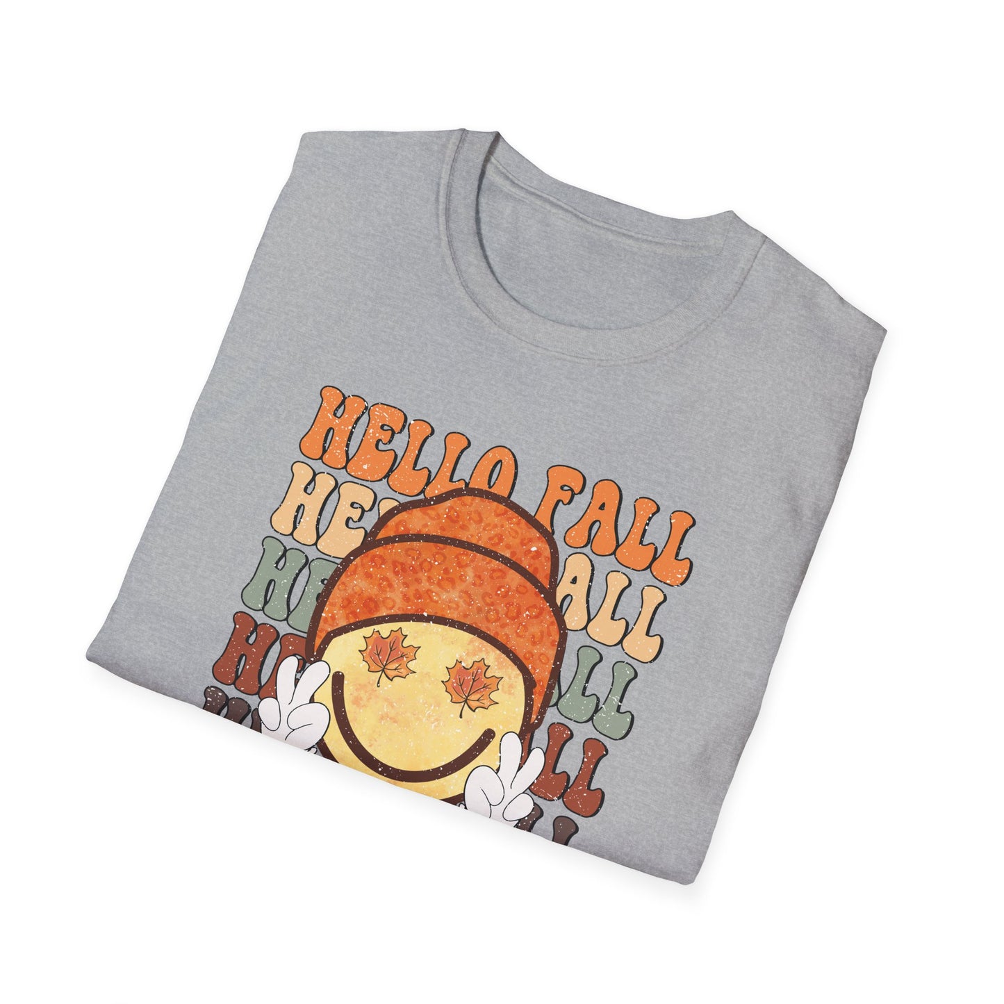 Hello Fall Happy Face Peace T-Shirt, Autumn Graphic Tee, Relaxing Casual Top, Seasonal Clothing, Thanksgiving Tee, Friendsgiving gift