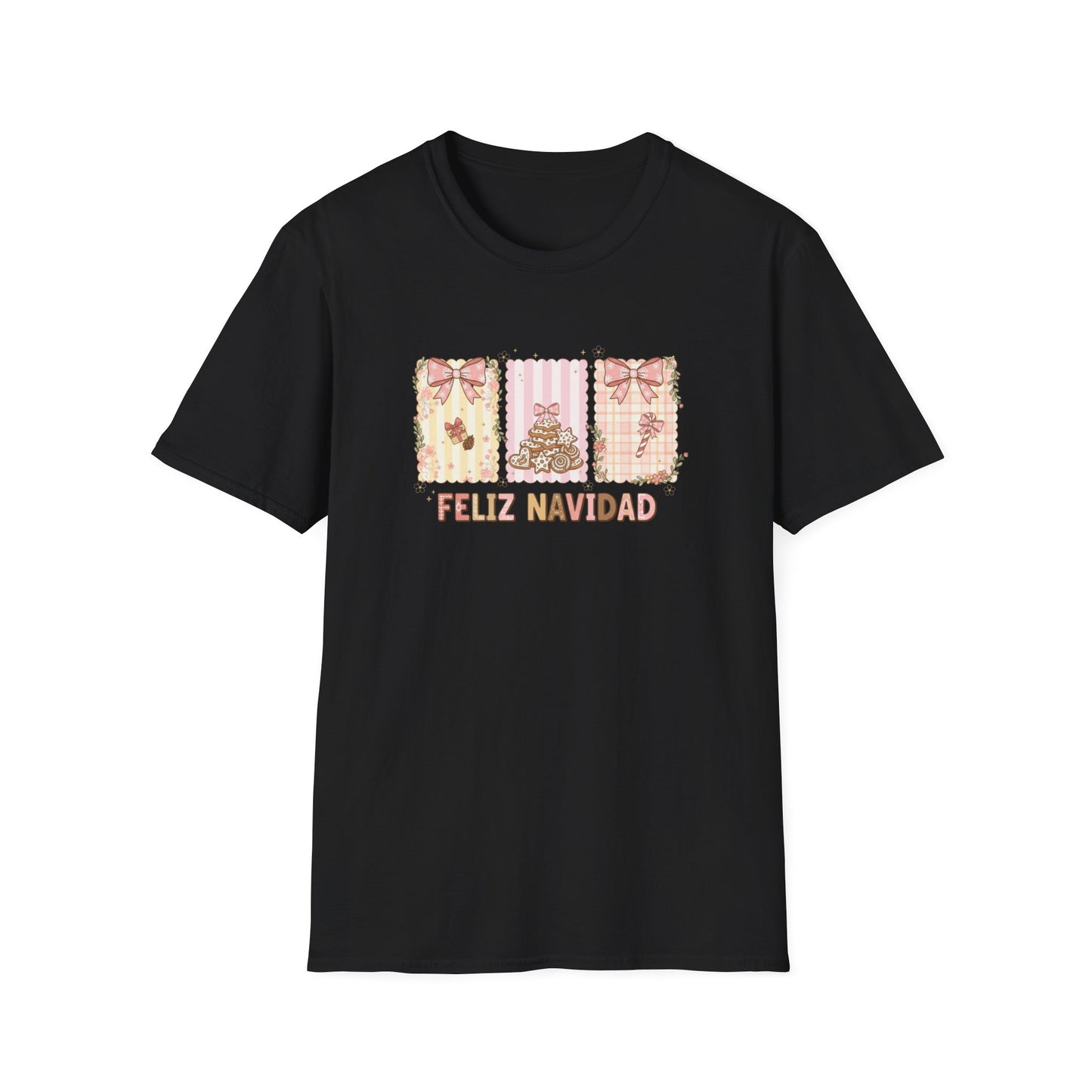 Feliz Navidad Christmas T-Shirt – Cute Pastel Holiday Tee with Bows & Gingerbread Design, Festive Spanish Christmas Shirt