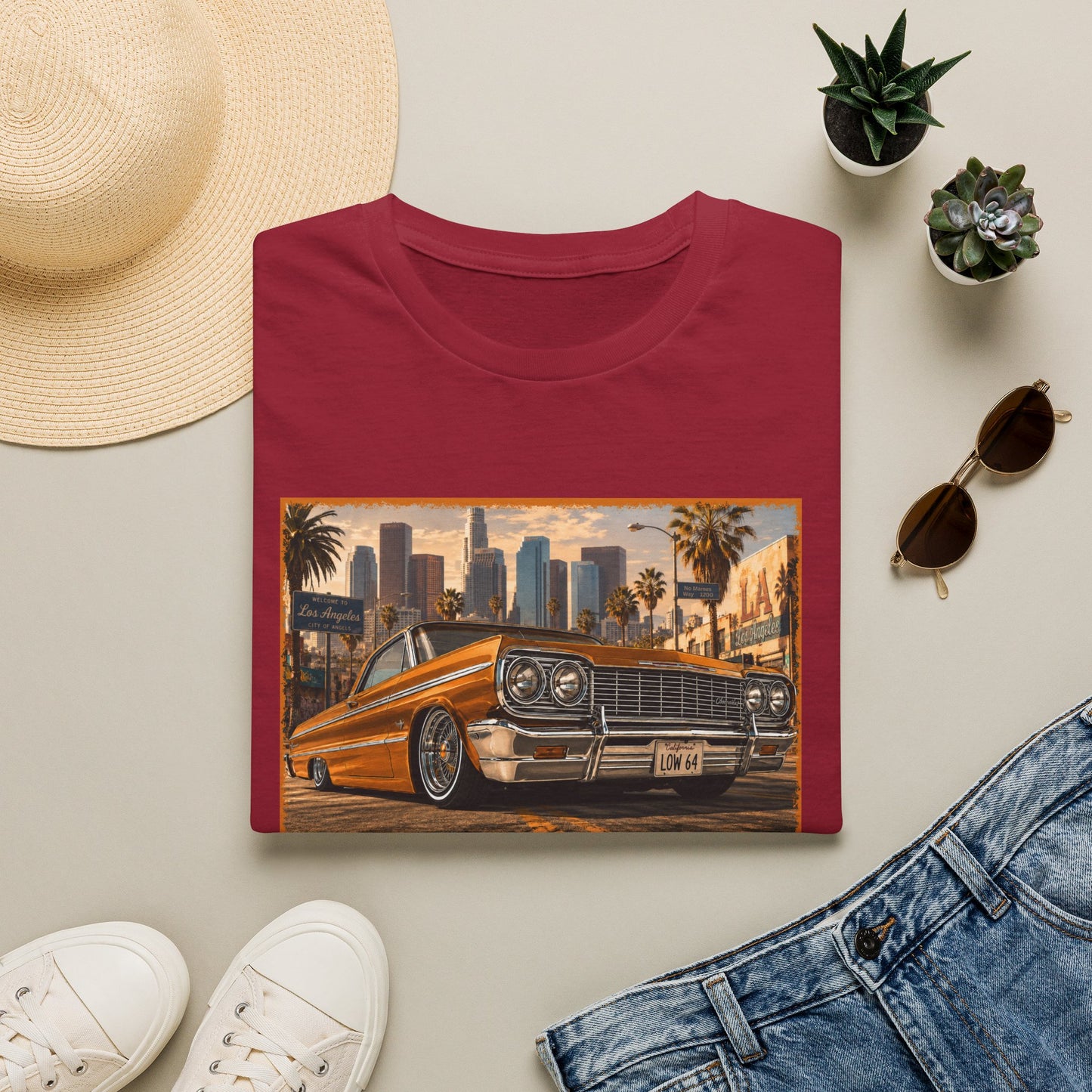 Los Angeles Lowrider T-Shirt, Orange Classic Car Graphic Tee, 1964 Style Car Shirt for Car Lovers