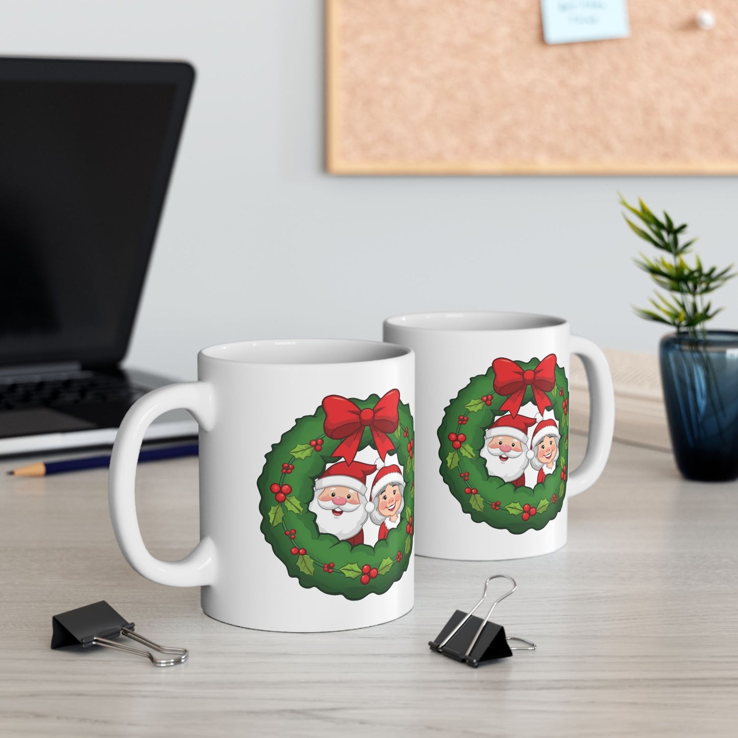 Santa and Mrs. Claus in a Wreath Mug – Cute Holiday Coffee Cup, Festive Santa Ceramic Mug, Christmas Gift Idea (11oz/15oz)