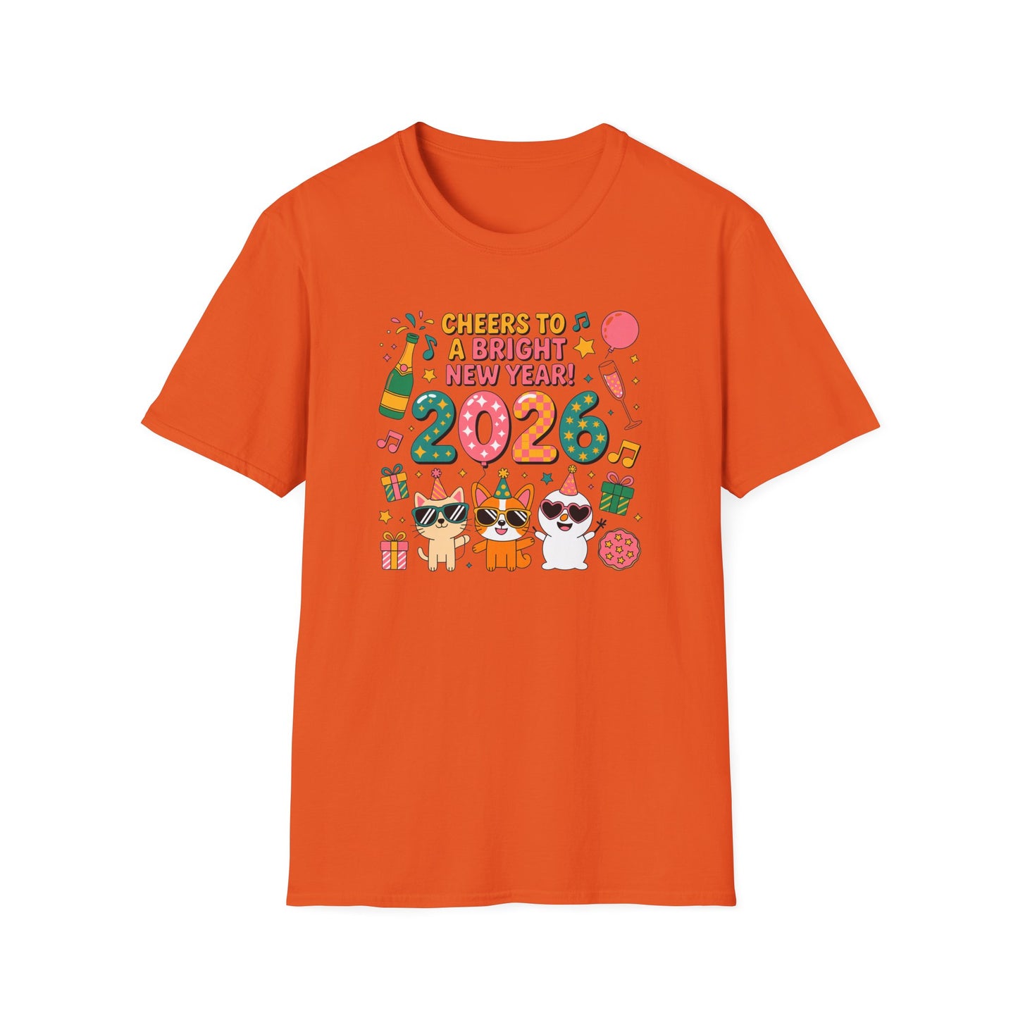 Happy New Year 2026 T-Shirt – Cute Cartoon Cats New Year Shirt, Bright Colorful NYE Party Tee, Fun 2026 Celebration Top for Cat Lovers