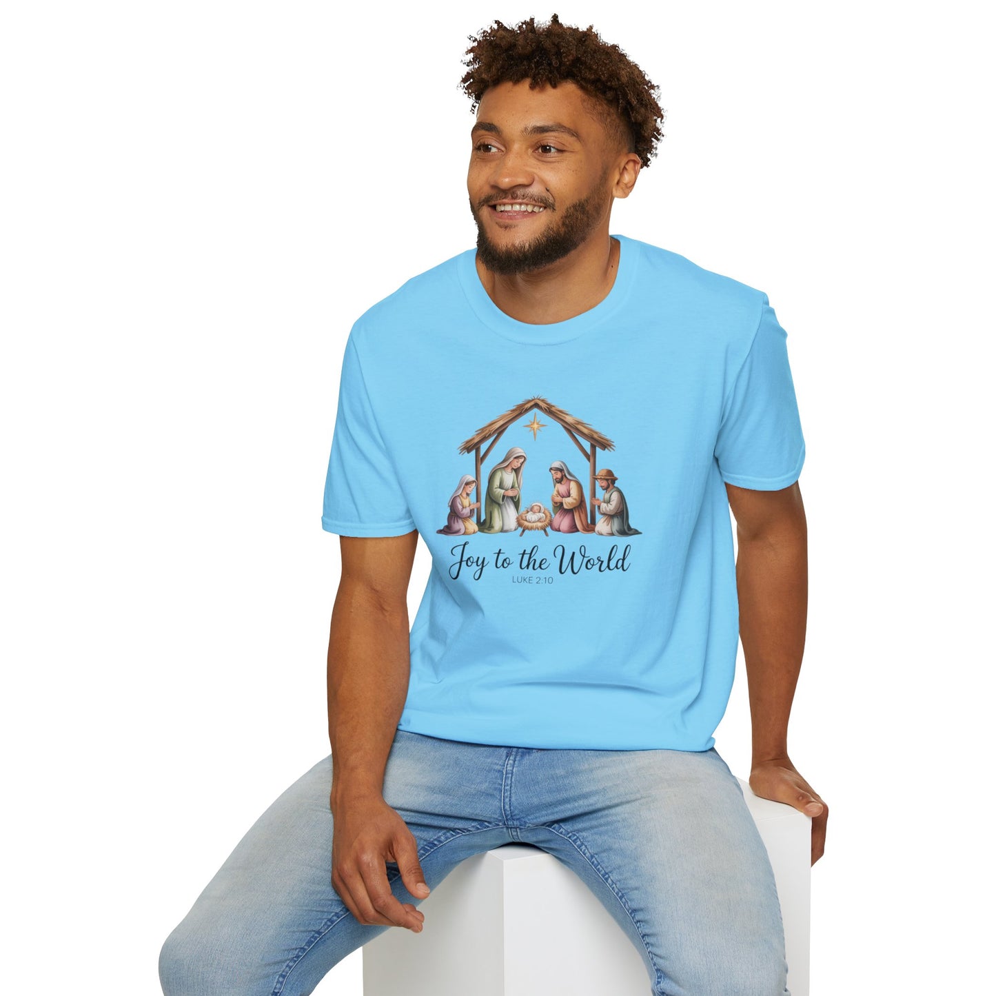 Joy to the World Nativity T-Shirt – Luke 2:10 Christmas Shirt with Holy Family, Christian Holiday Tee