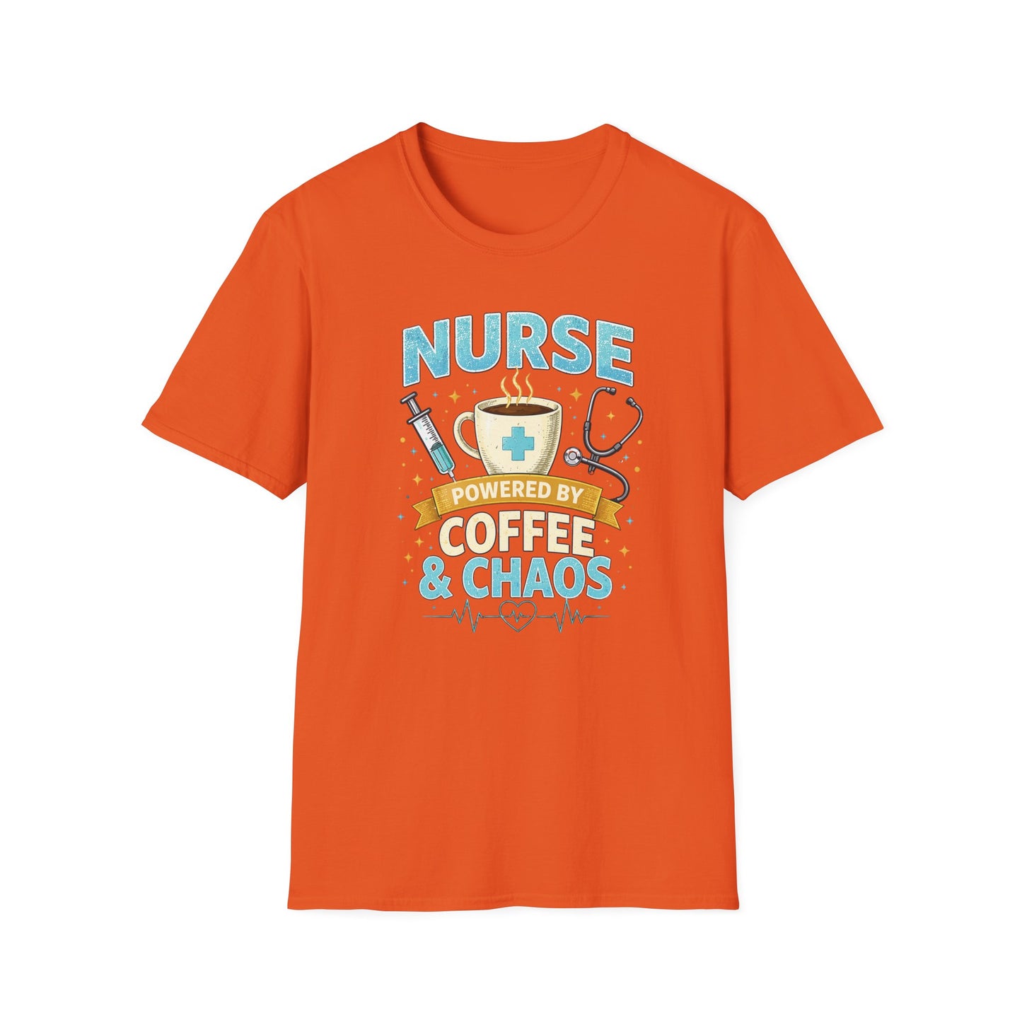 Nurse Powered by Coffee & Chaos Shirt, Funny Nurse Tee, RN CNA Gift, Nurse Life Graphic T-Shirt, Medical Worker Gift, Cute Nursing Shirt for Women Men