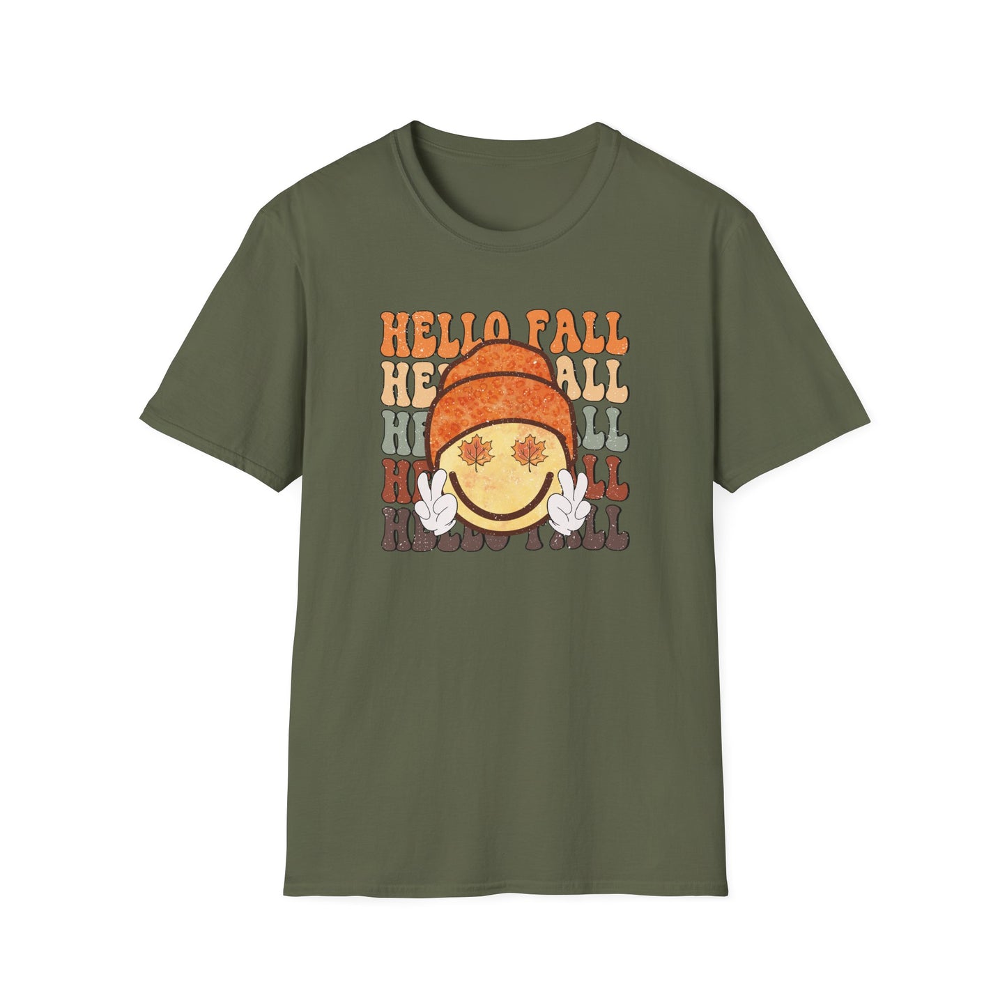 Hello Fall Happy Face Peace T-Shirt, Autumn Graphic Tee, Relaxing Casual Top, Seasonal Clothing, Thanksgiving Tee, Friendsgiving gift