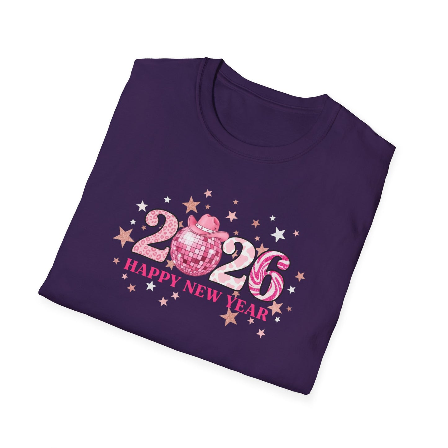 Happy New Year 2026 Pink Disco Cowgirl T-Shirt – Western New Year Shirt, Cute Pink 2026 Tee with Cowboy Hat & Stars, NYE Party Graphic Top