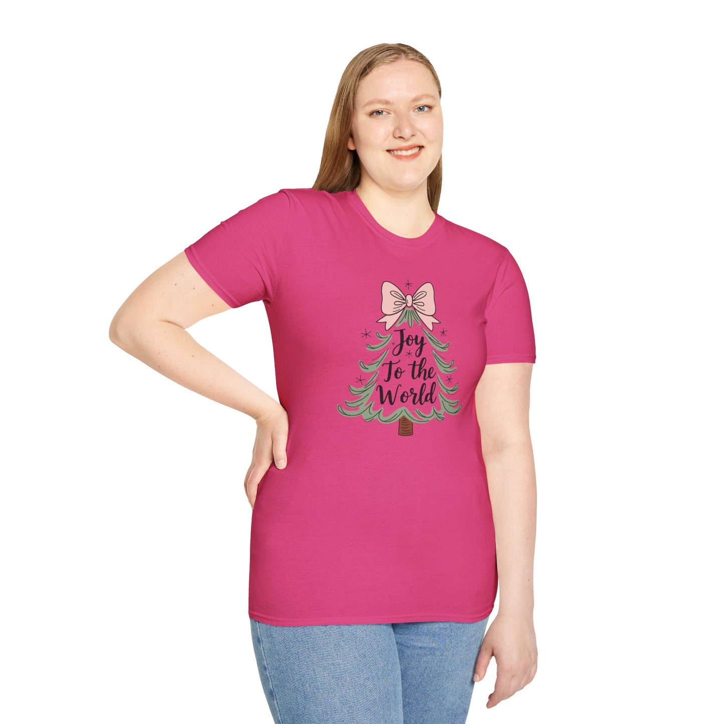 Joy to the World Christmas T-Shirt – Cute Pastel Bow Christmas Tree Tee, Festive Holiday Graphic Shirt for Women
