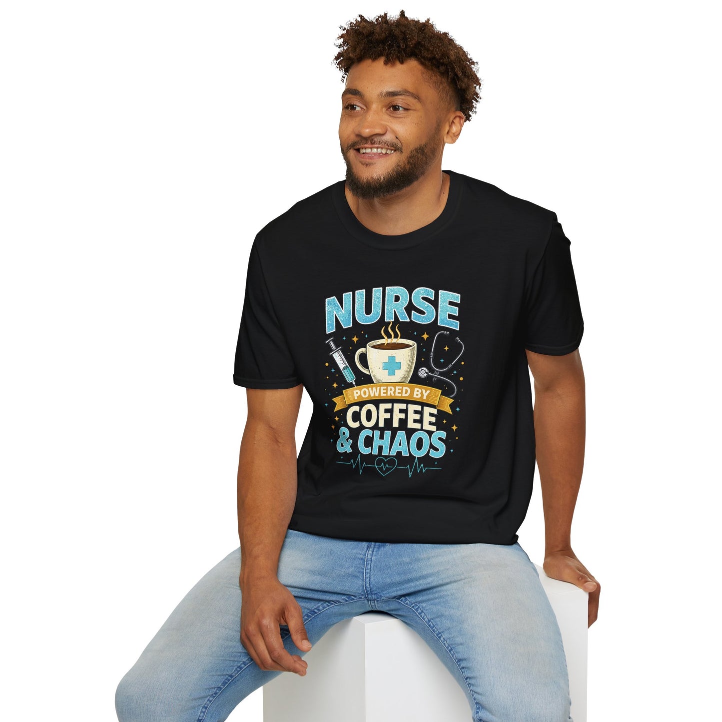 Nurse Powered by Coffee & Chaos Shirt, Funny Nurse Tee, RN CNA Gift, Nurse Life Graphic T-Shirt, Medical Worker Gift, Cute Nursing Shirt for Women Men