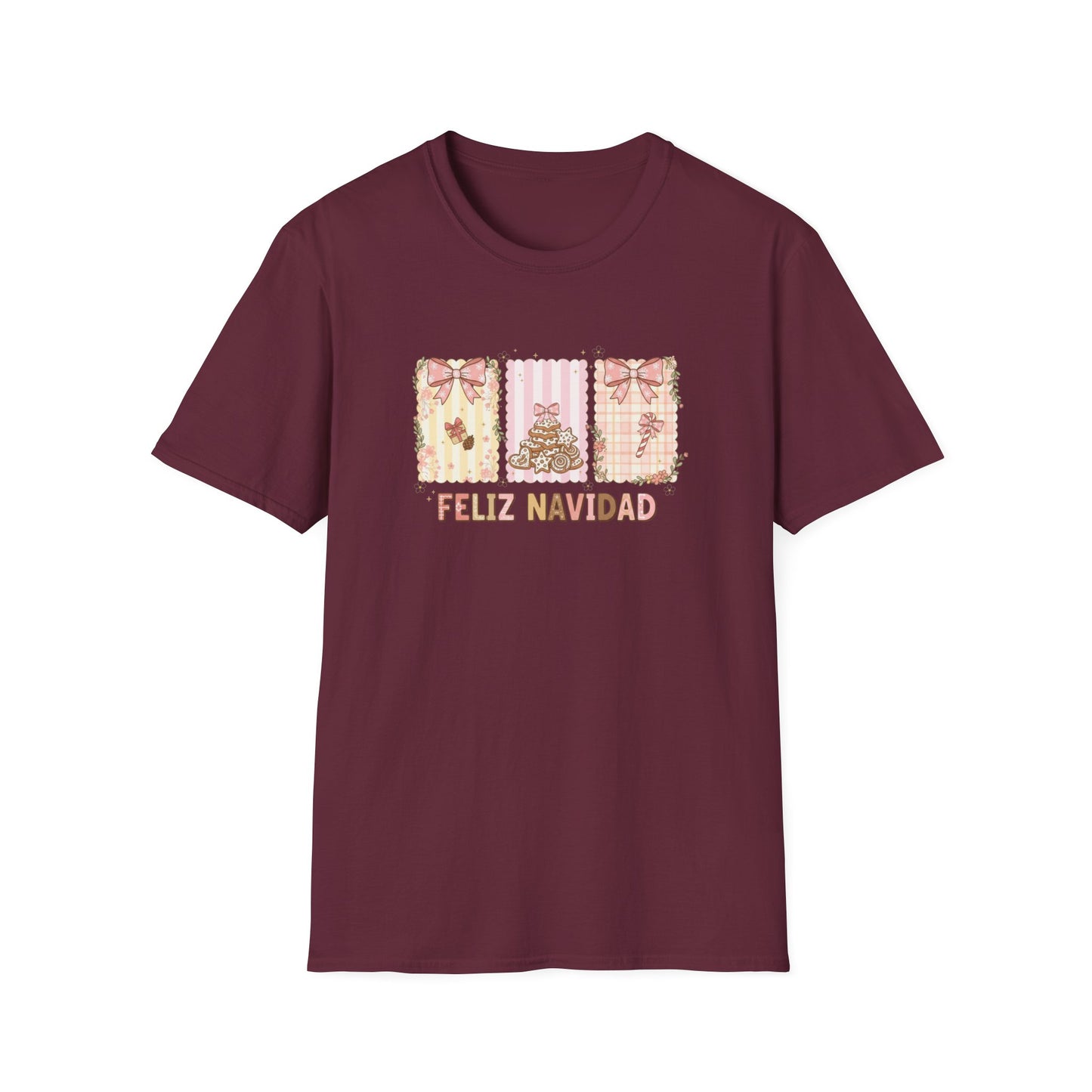 Feliz Navidad Christmas T-Shirt – Cute Pastel Holiday Tee with Bows & Gingerbread Design, Festive Spanish Christmas Shirt