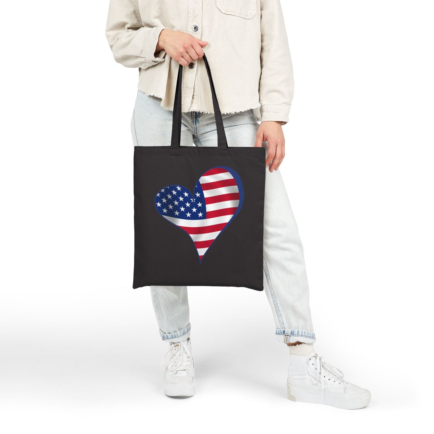 American Flag Heart Tote Bag, Cotton Canvas Grocery Shopping Beach Handbag, USA Pride Gift, Patriotic Shoulder Bag
