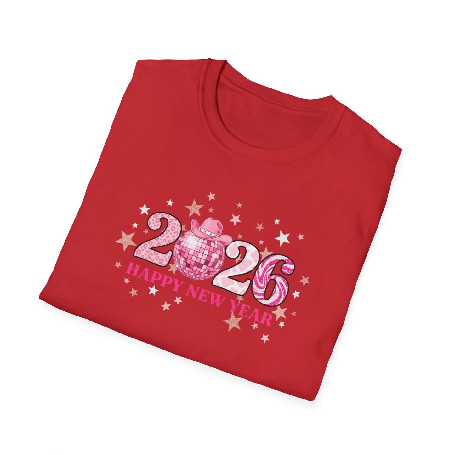 Happy New Year 2026 Pink Disco Cowgirl T-Shirt – Western New Year Shirt, Cute Pink 2026 Tee with Cowboy Hat & Stars, NYE Party Graphic Top