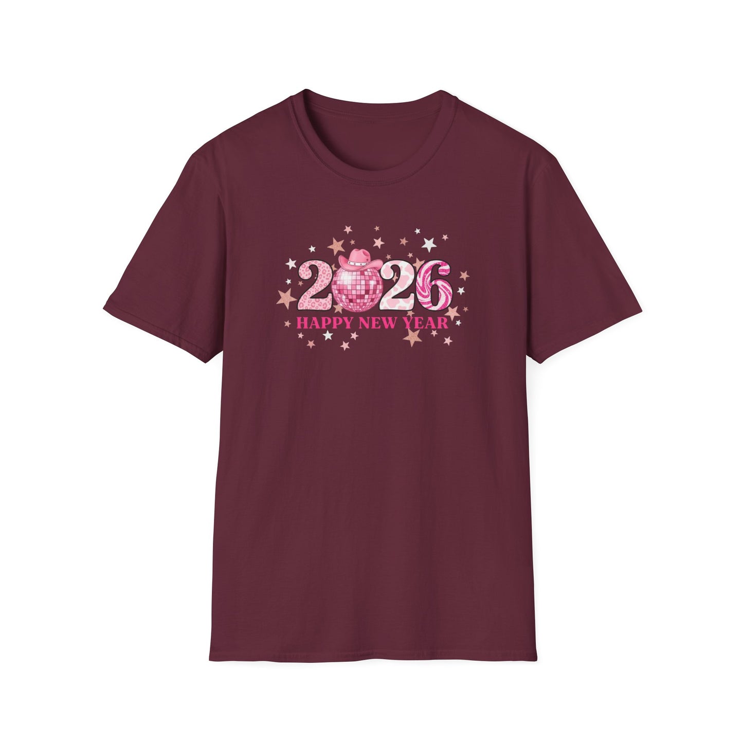 Happy New Year 2026 Pink Disco Cowgirl T-Shirt – Western New Year Shirt, Cute Pink 2026 Tee with Cowboy Hat & Stars, NYE Party Graphic Top