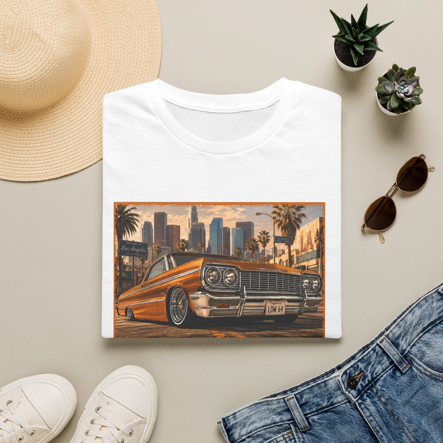 Los Angeles Lowrider T-Shirt, Orange Classic Car Graphic Tee, 1964 Style Car Shirt for Car Lovers