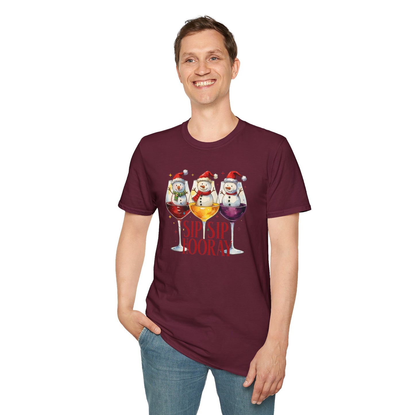 Sip Sip Hooray Christmas T-Shirt – Cute Snowman Wine Glass Holiday Tee, Funny Festive Drinking Shirt