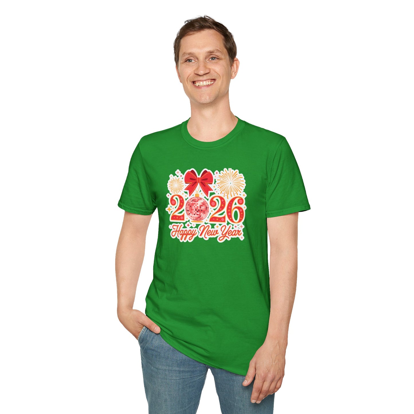 Happy New Year 2026 T-Shirt – Red & Gold Disco Ball New Year Shirt, Festive Bow and Fireworks 2026 NYE Tee, Holiday Celebration Party Top