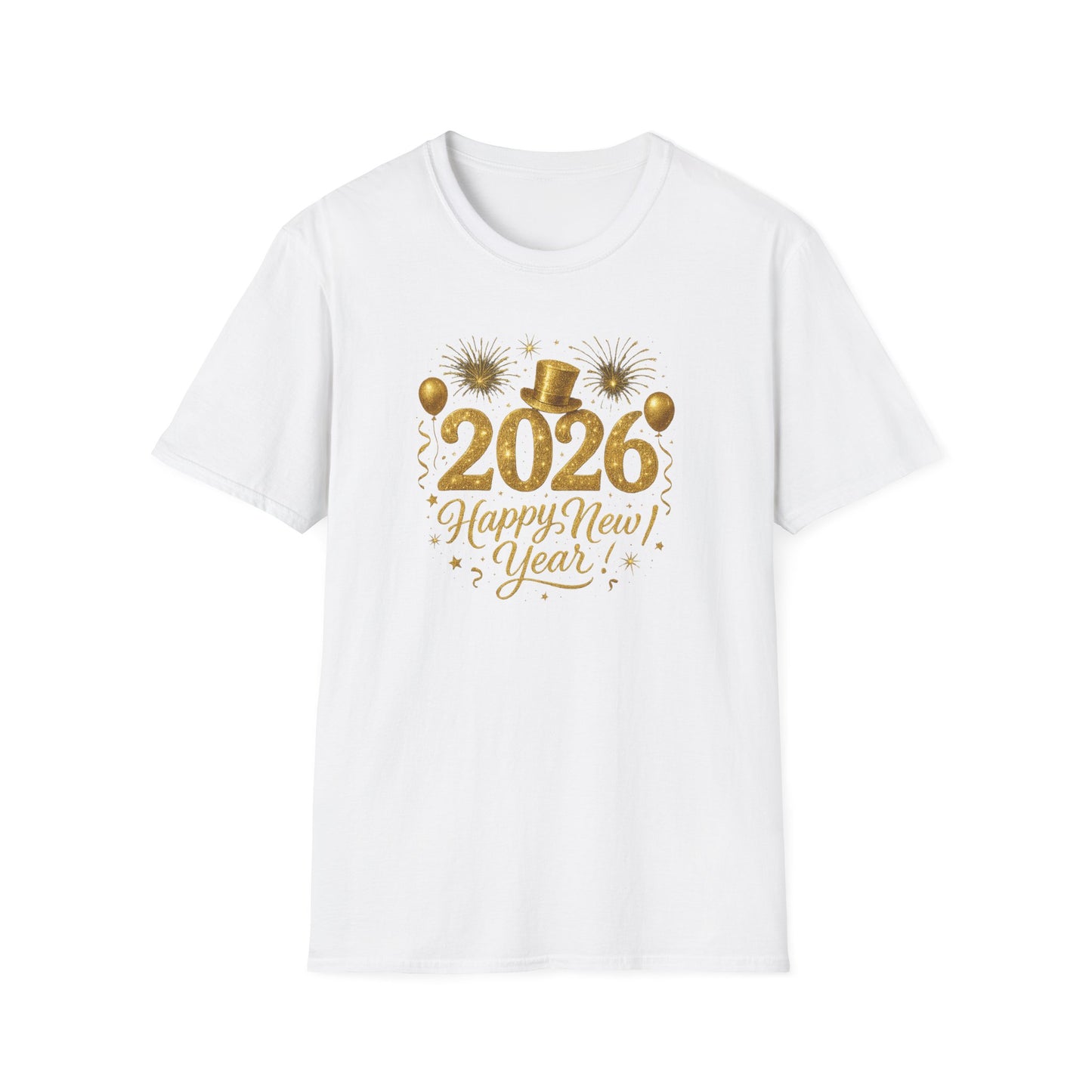 Happy New Year 2026 Gold Glitter T-Shirt – Sparkly New Year’s Eve Party Shirt, Festive 2026 NYE Tee with Fireworks & Balloons, Holiday Celebration Top