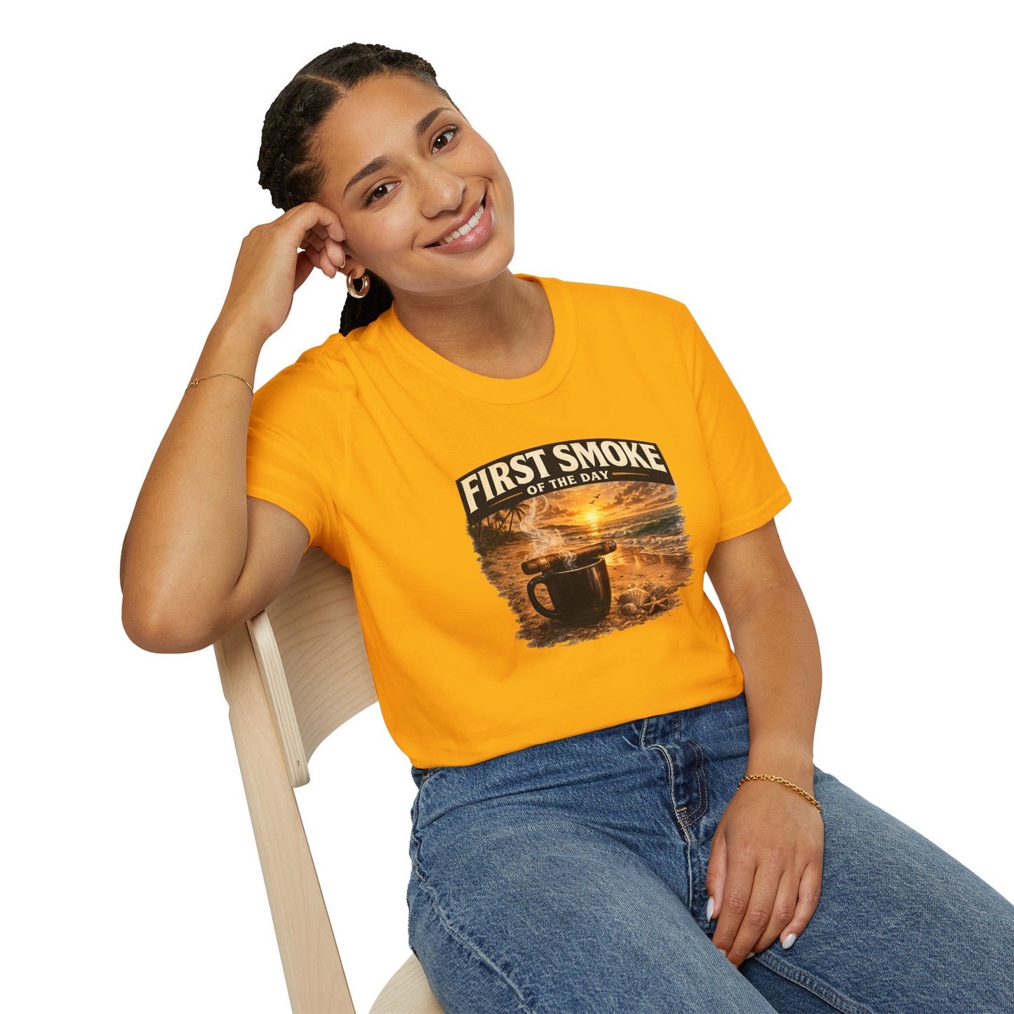 First Smoke of the Day T-Shirt – Cigar & Coffee Beach Sunrise Tee