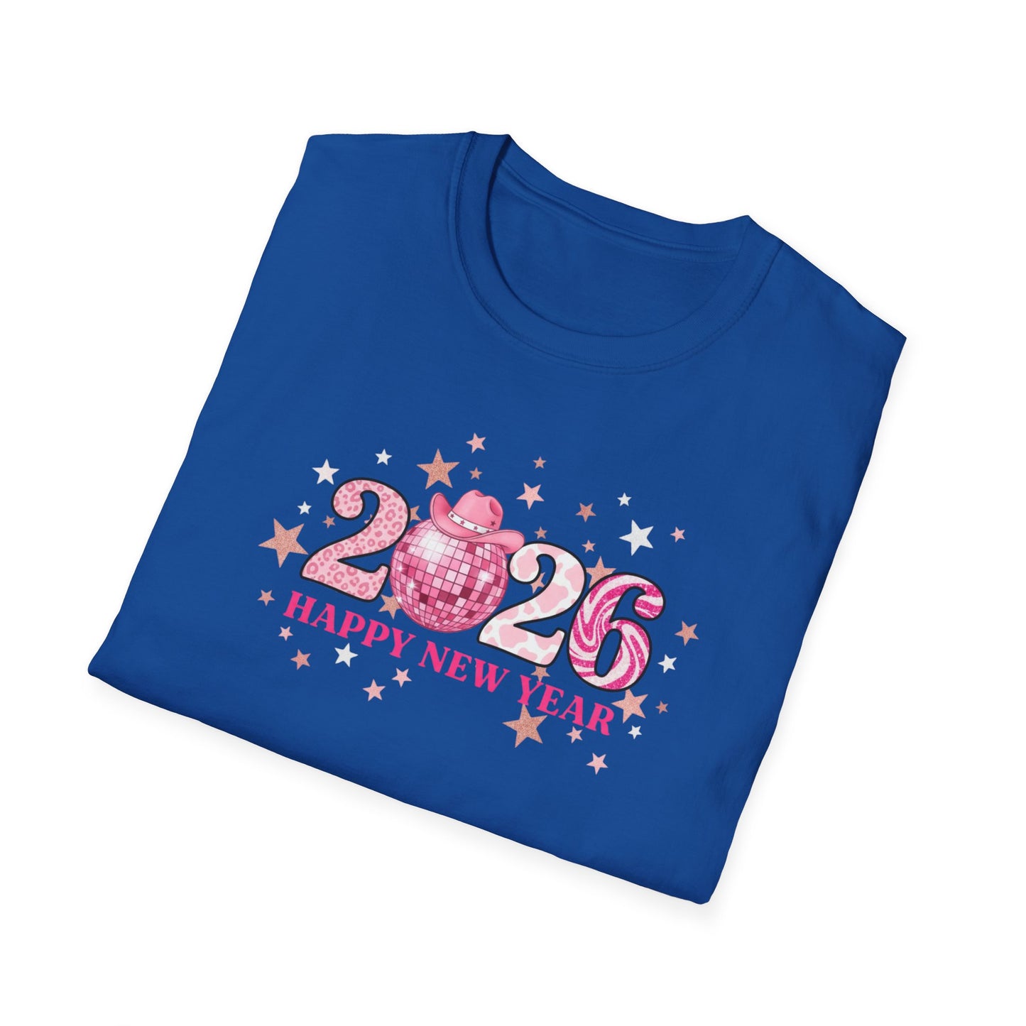 Happy New Year 2026 Pink Disco Cowgirl T-Shirt – Western New Year Shirt, Cute Pink 2026 Tee with Cowboy Hat & Stars, NYE Party Graphic Top
