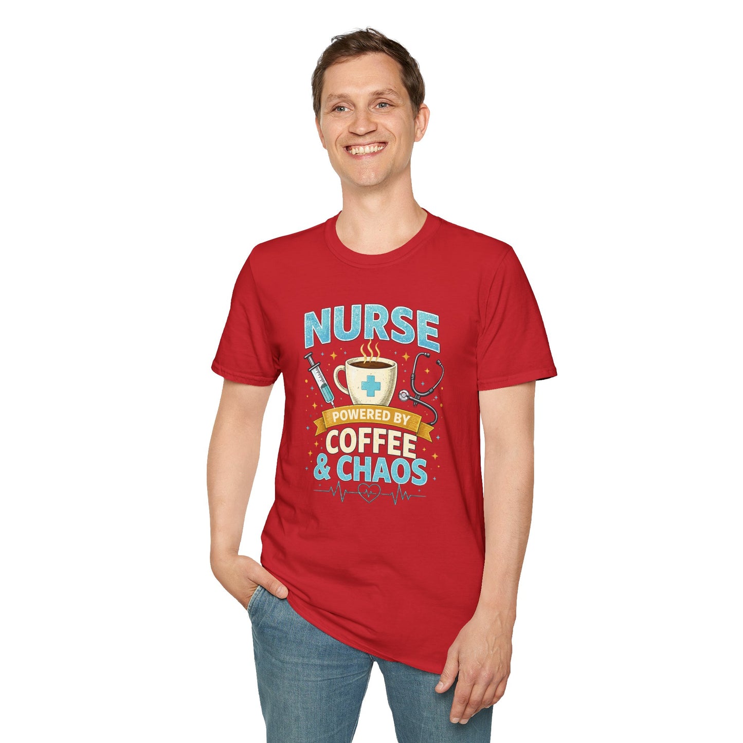 Nurse Powered by Coffee & Chaos Shirt, Funny Nurse Tee, RN CNA Gift, Nurse Life Graphic T-Shirt, Medical Worker Gift, Cute Nursing Shirt for Women Men