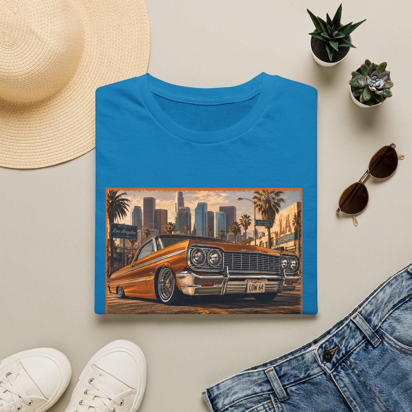Los Angeles Lowrider T-Shirt, Orange Classic Car Graphic Tee, 1964 Style Car Shirt for Car Lovers