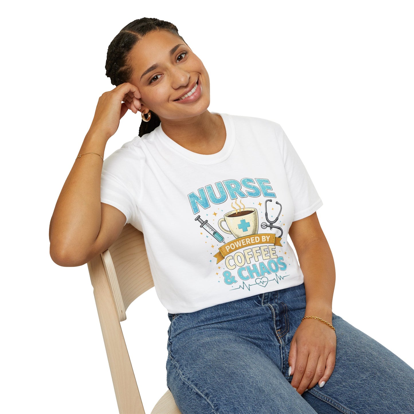 Nurse Powered by Coffee & Chaos Shirt, Funny Nurse Tee, RN CNA Gift, Nurse Life Graphic T-Shirt, Medical Worker Gift, Cute Nursing Shirt for Women Men