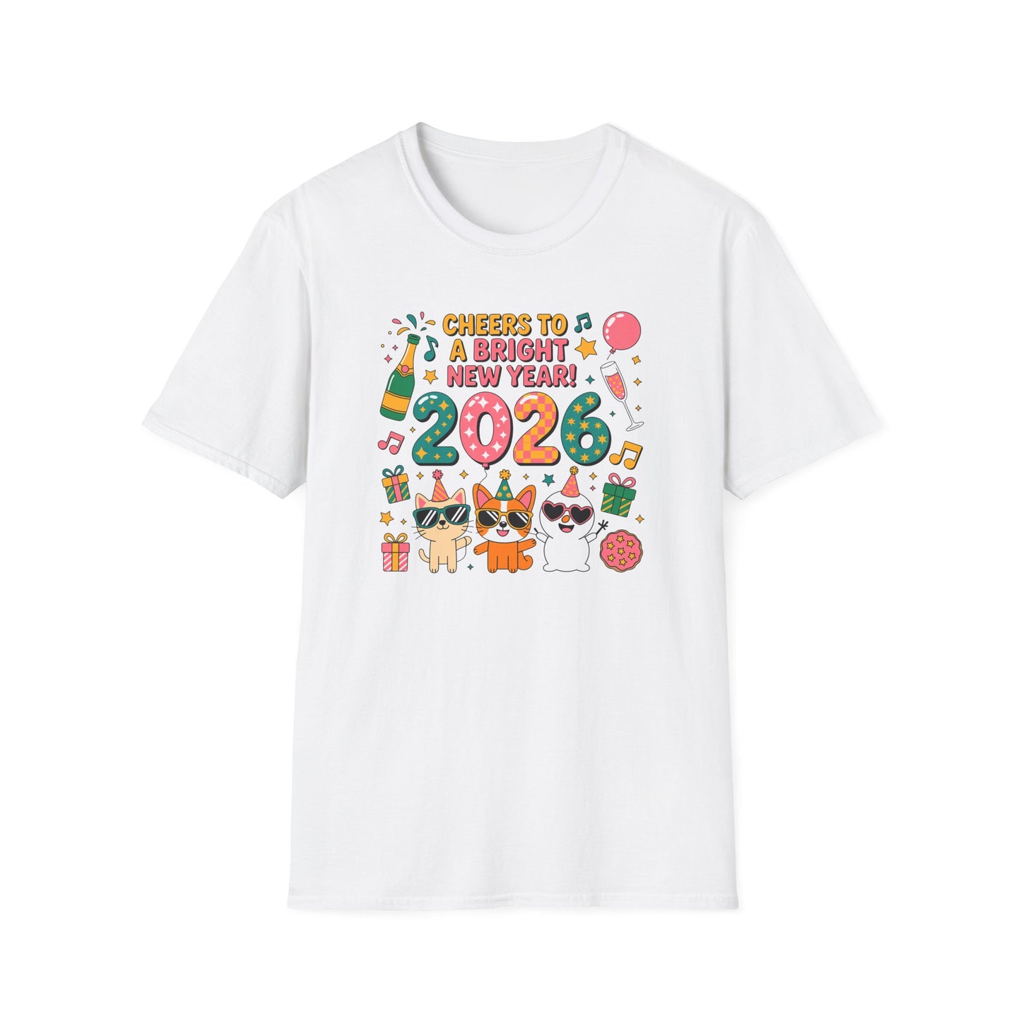 Happy New Year 2026 T-Shirt – Cute Cartoon Cats New Year Shirt, Bright Colorful NYE Party Tee, Fun 2026 Celebration Top for Cat Lovers
