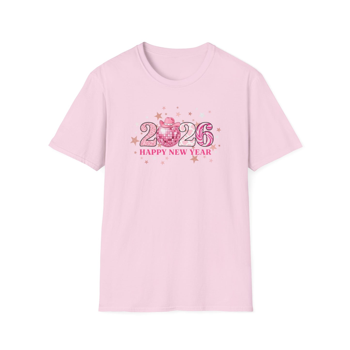 Happy New Year 2026 Pink Disco Cowgirl T-Shirt – Western New Year Shirt, Cute Pink 2026 Tee with Cowboy Hat & Stars, NYE Party Graphic Top