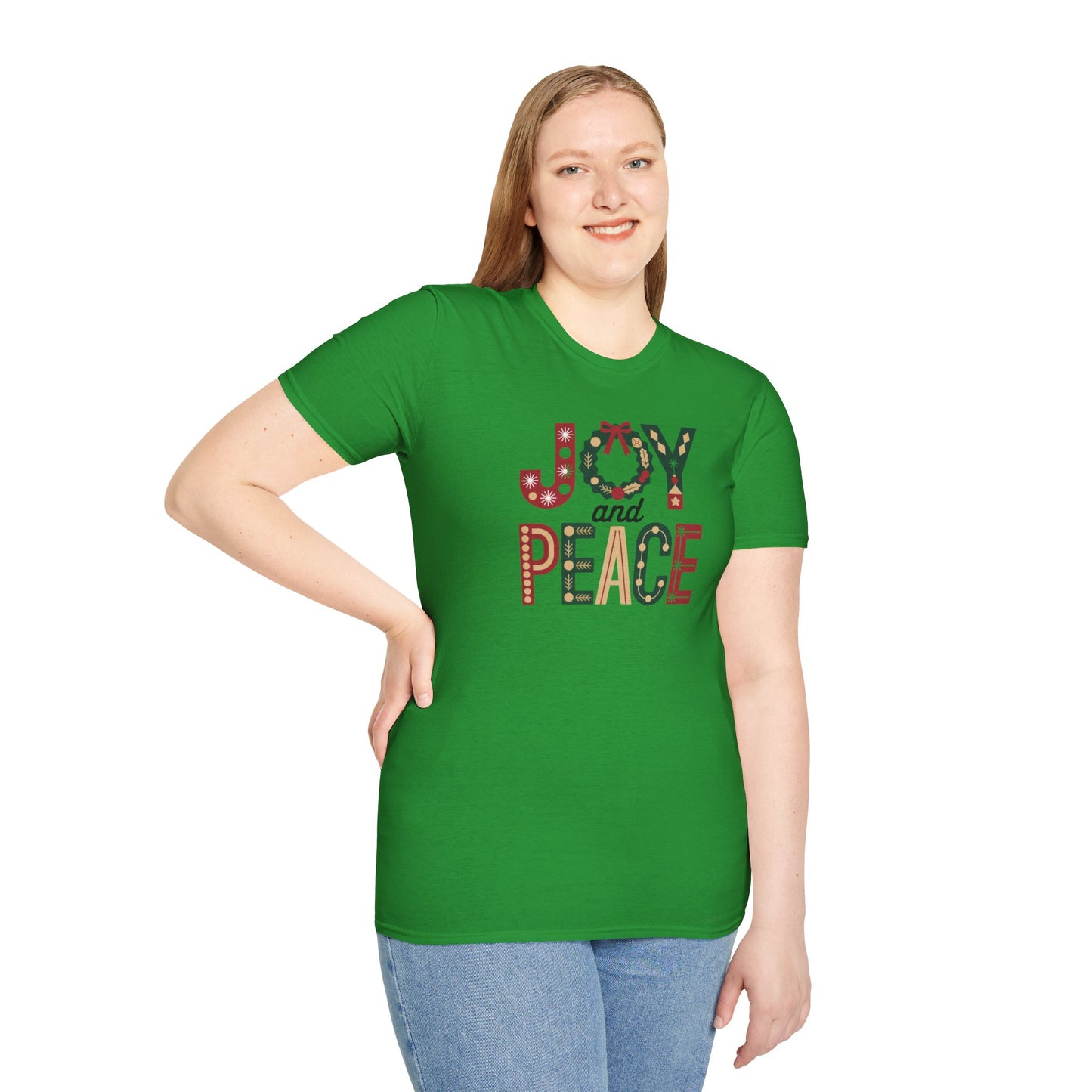 Joy and Peace Christmas T-Shirt – Festive Holiday Typography Tee with Wreath Design, Inspirational Christmas Shirt